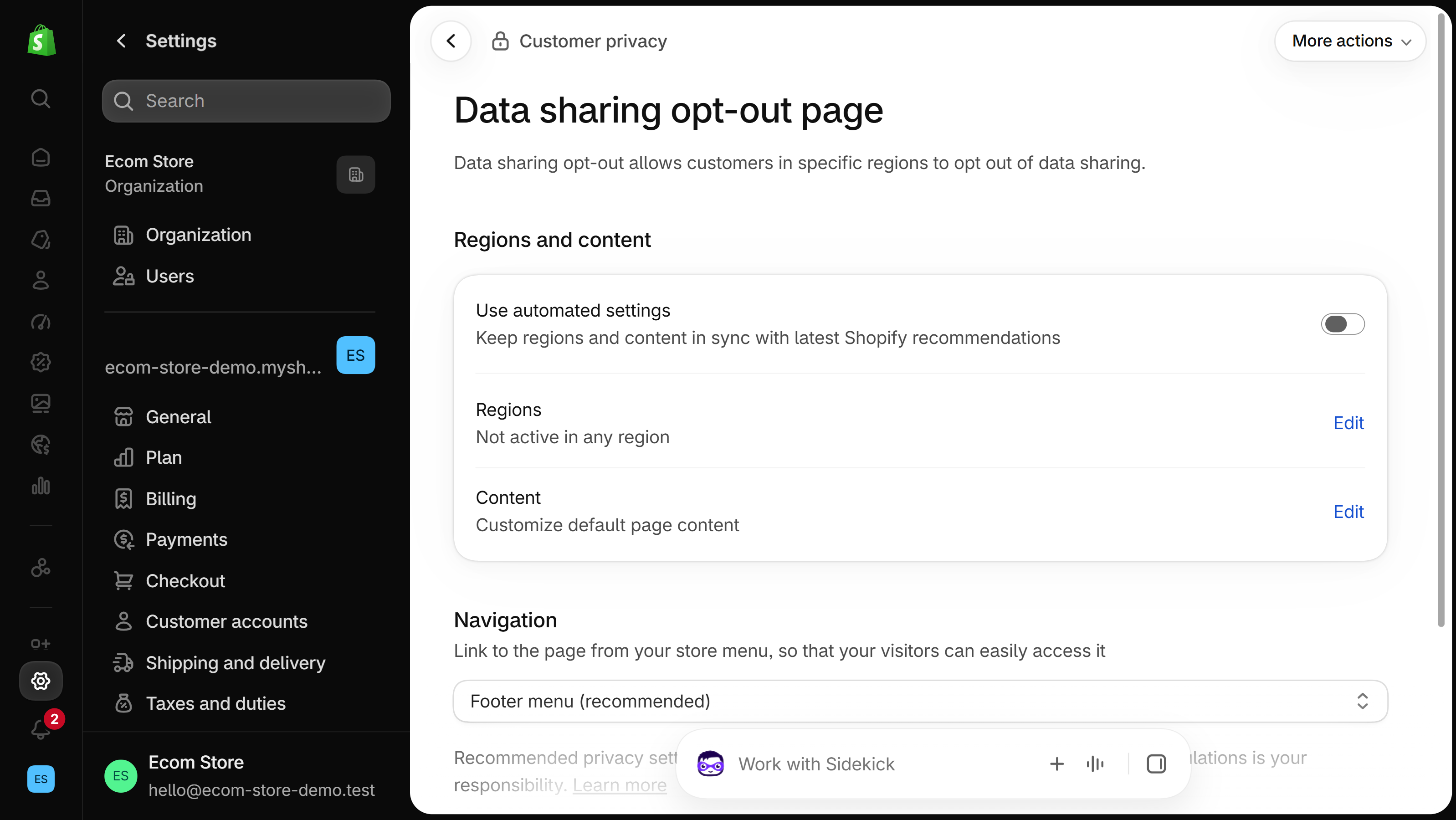 Shopify Data sharing opt-out page settings with a Regions row reading Not active in any region and a Content section