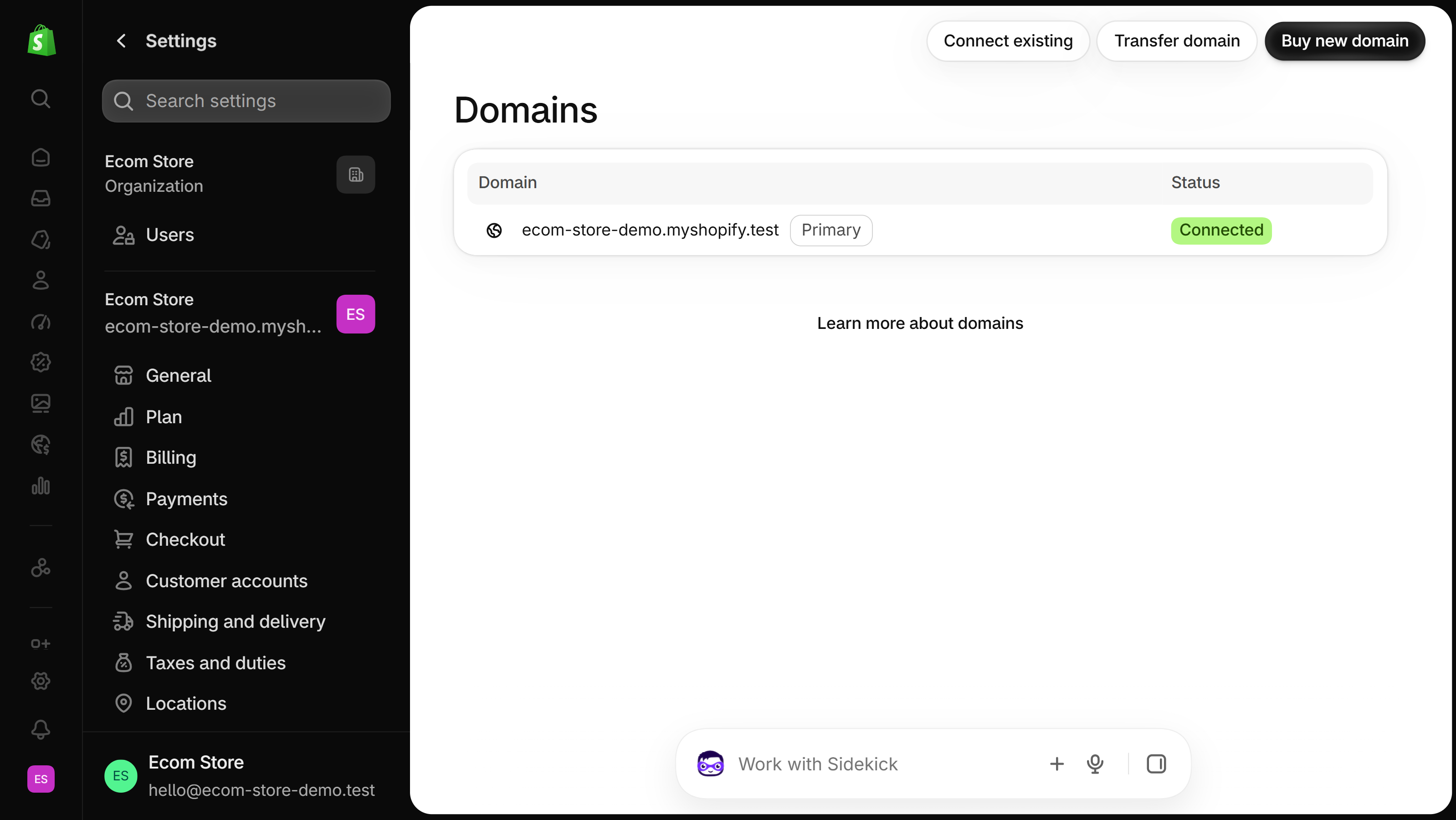 Settings > Domains page listing one primary domain with the status Connected, and the Connect existing, Transfer domain and Buy new domain buttons above the list.