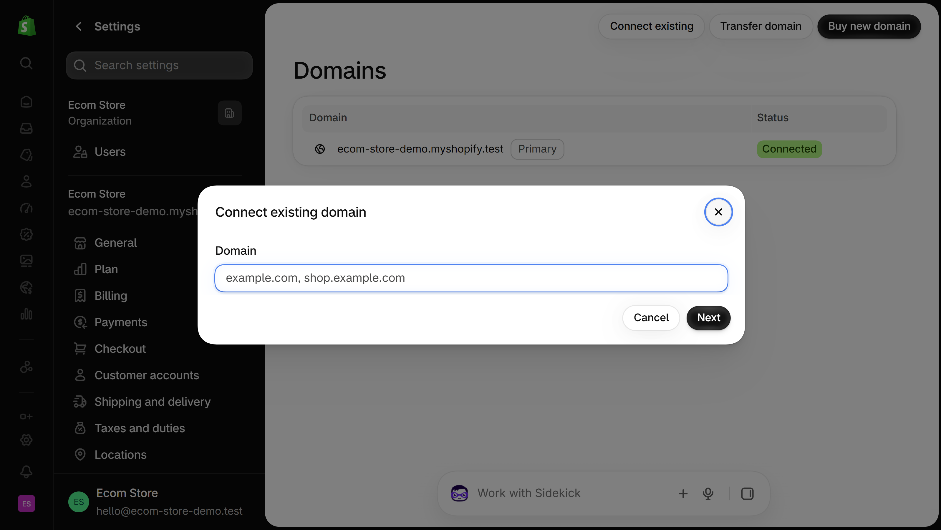 Connect existing domain dialog over Settings > Domains in the Shopify admin, with an empty Domain field hinting example.com, shop.example.com