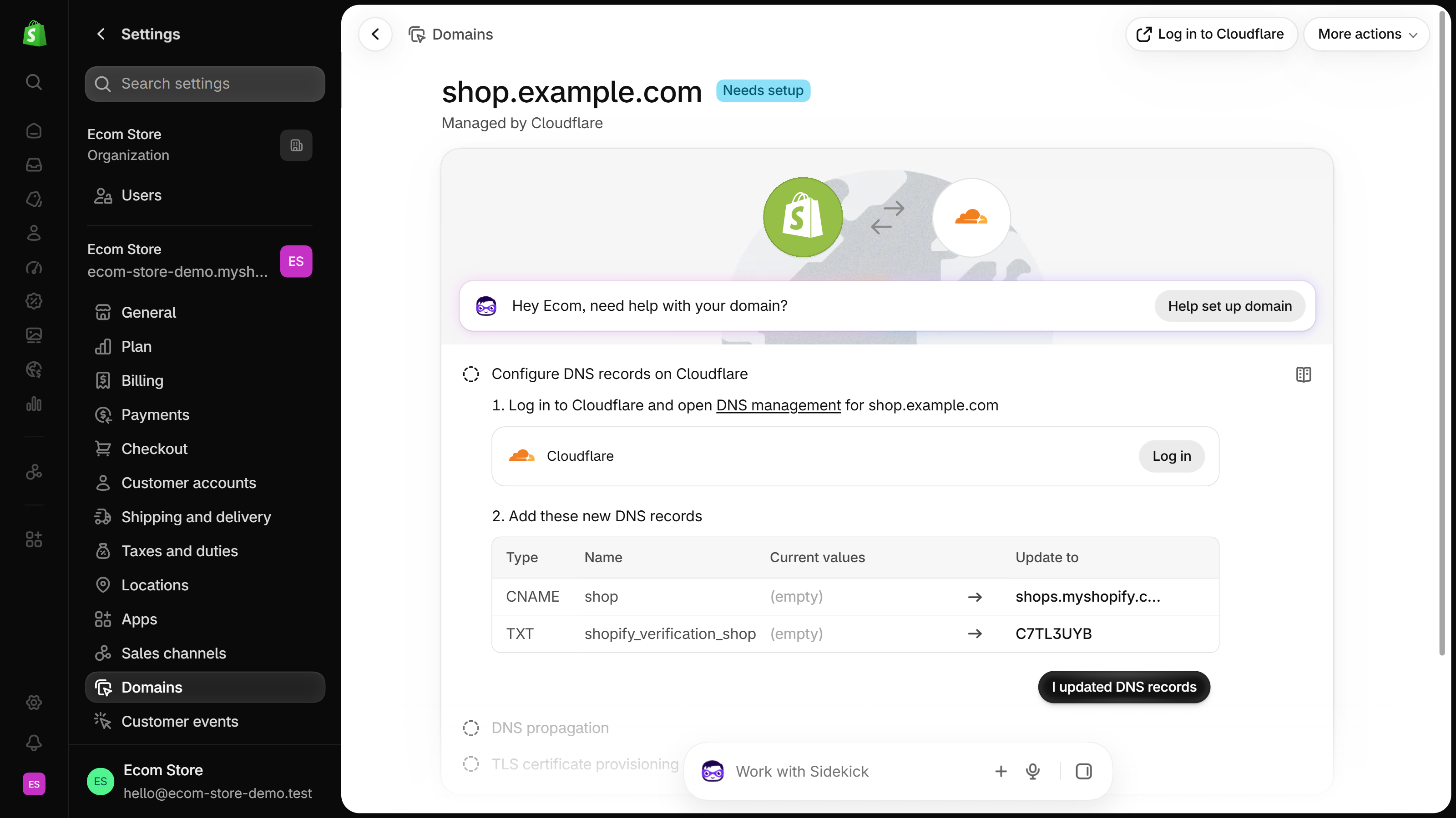 Add these new DNS records screen for shop.example.com in the Shopify admin: a table with CNAME and TXT rows under Type, Name, Current values and Update to, and an I updated DNS records button