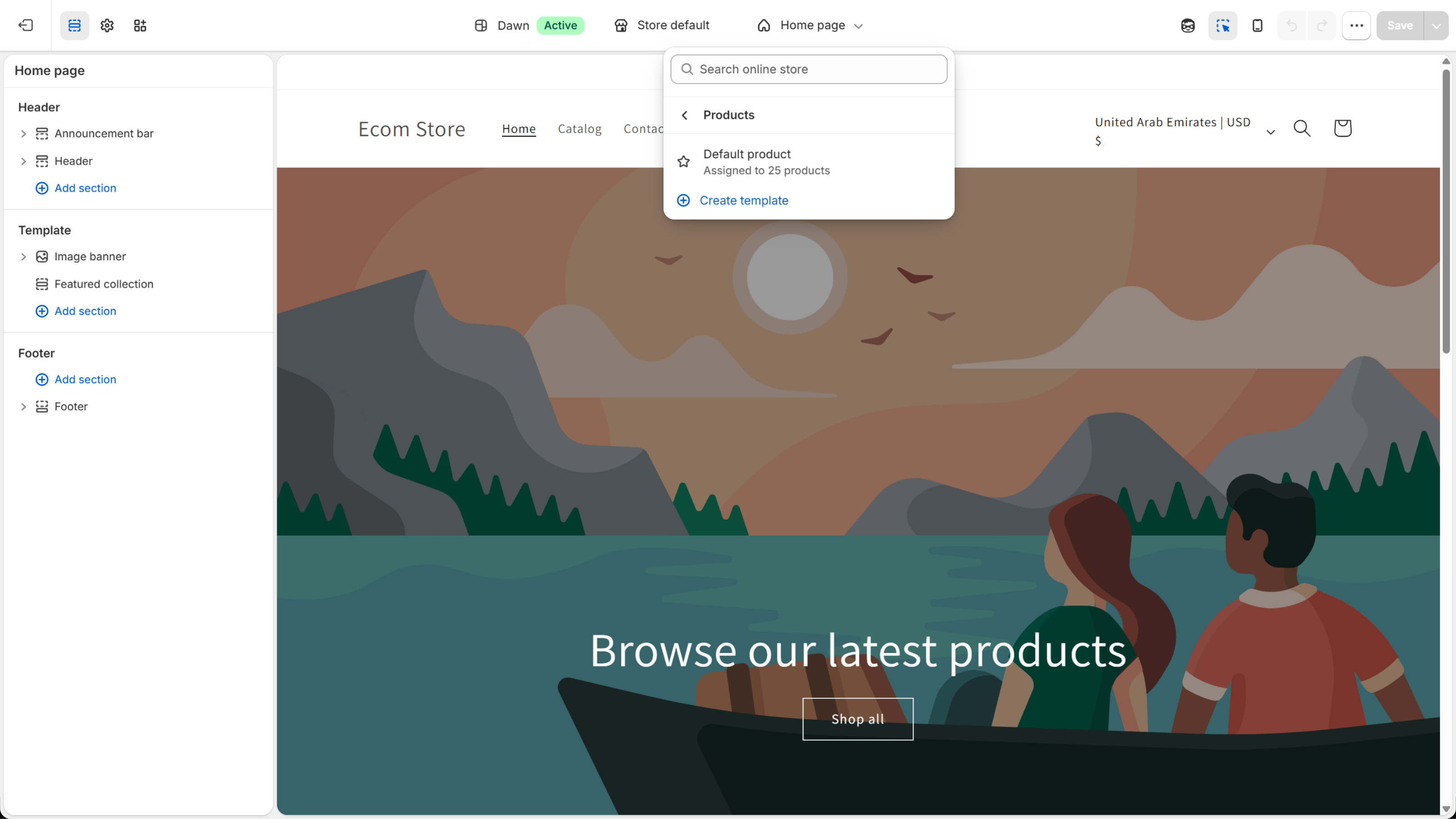 Theme editor template menu opened to Products showing Default product and Create template