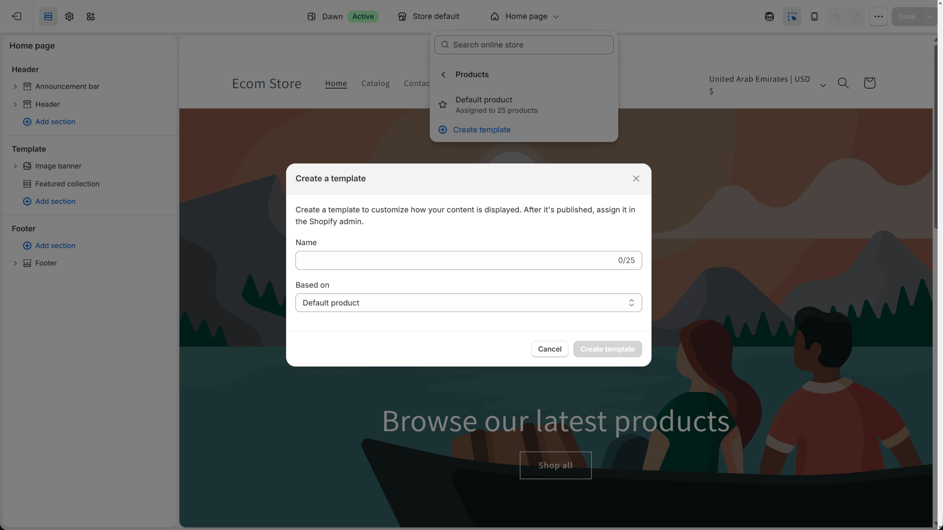 Create a template dialog with Name and Based on fields