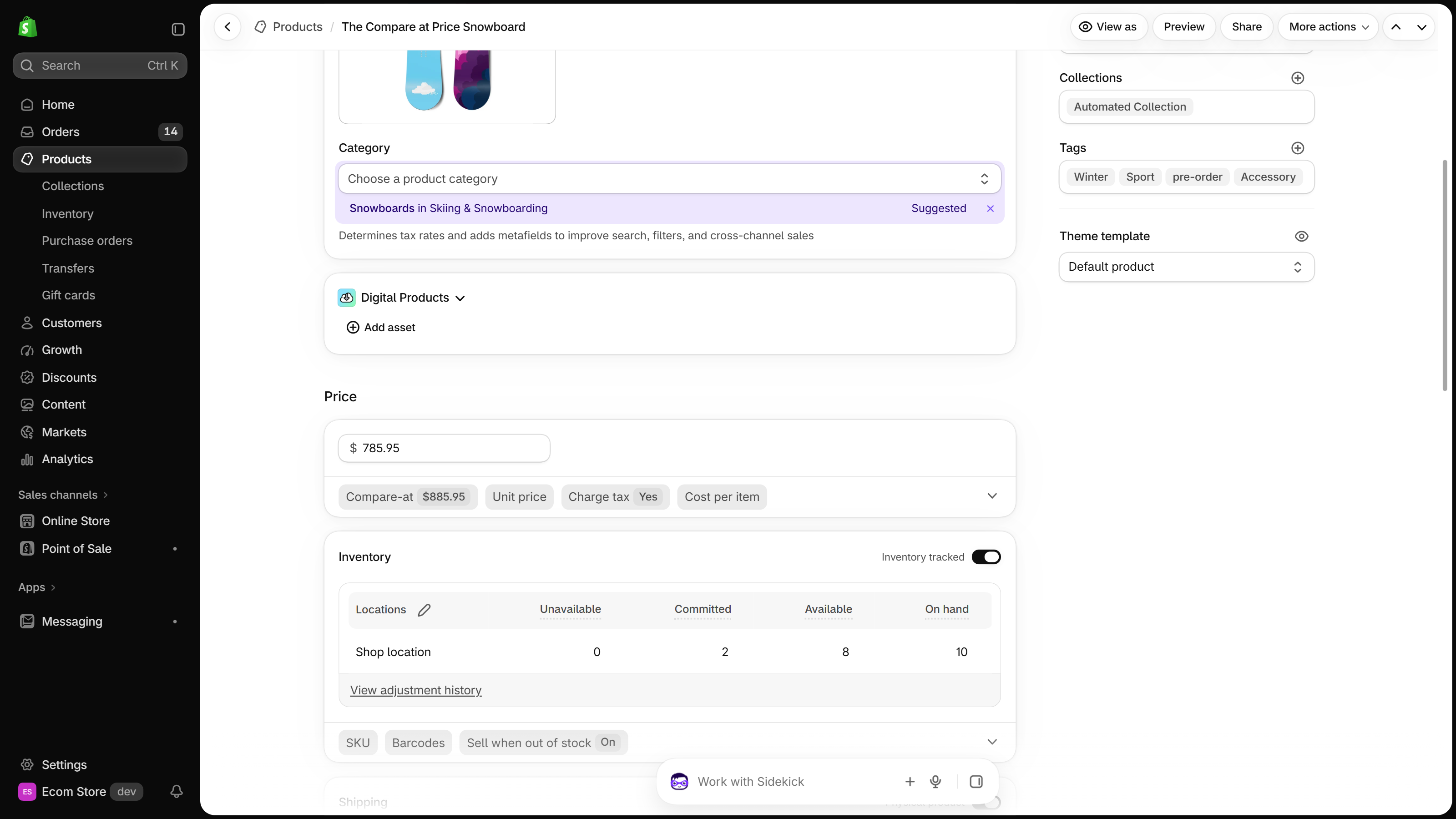 Product page right column with the Theme template card set to Default product