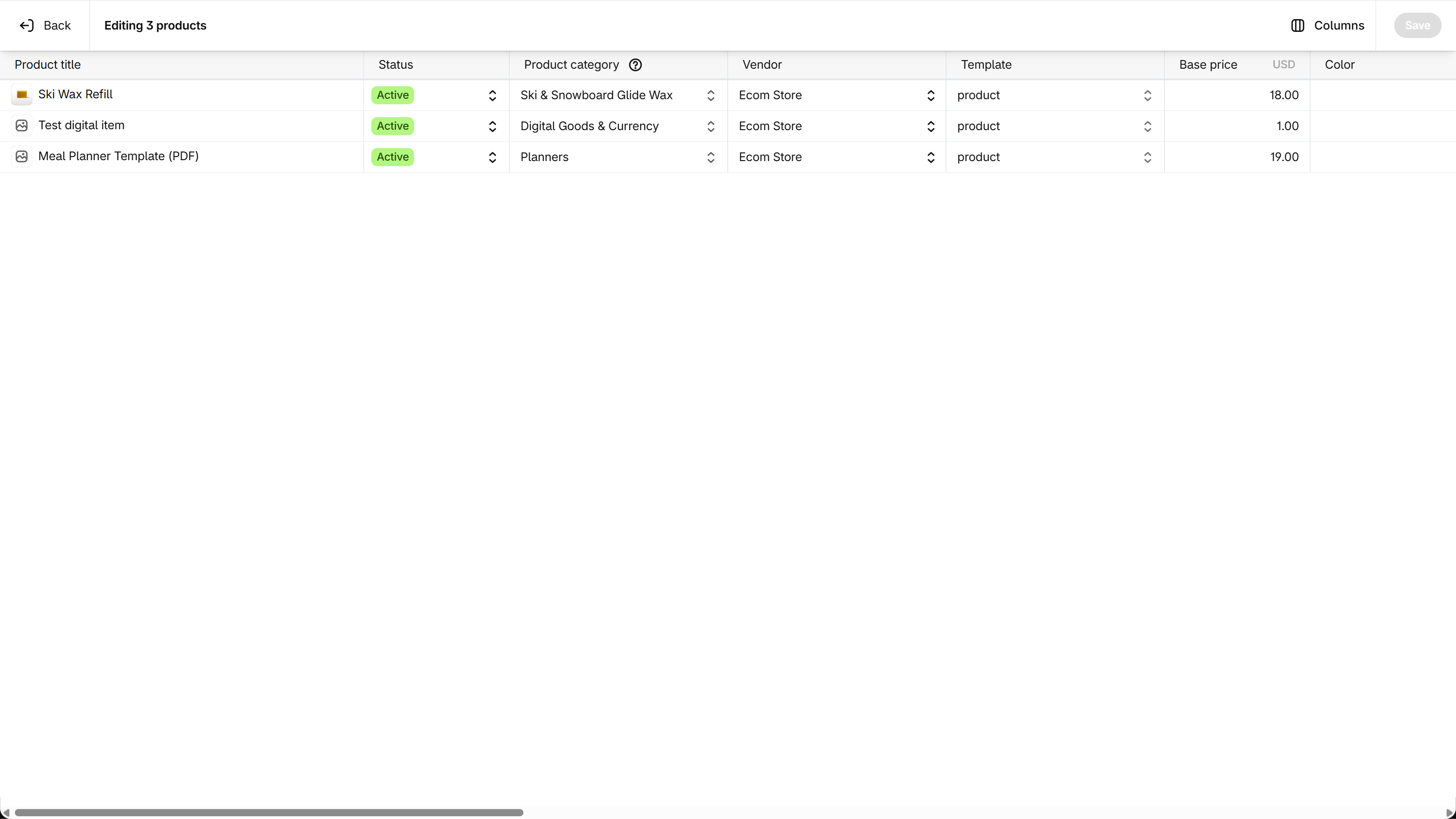 Bulk editor with a Template column listing the product template of each selected product