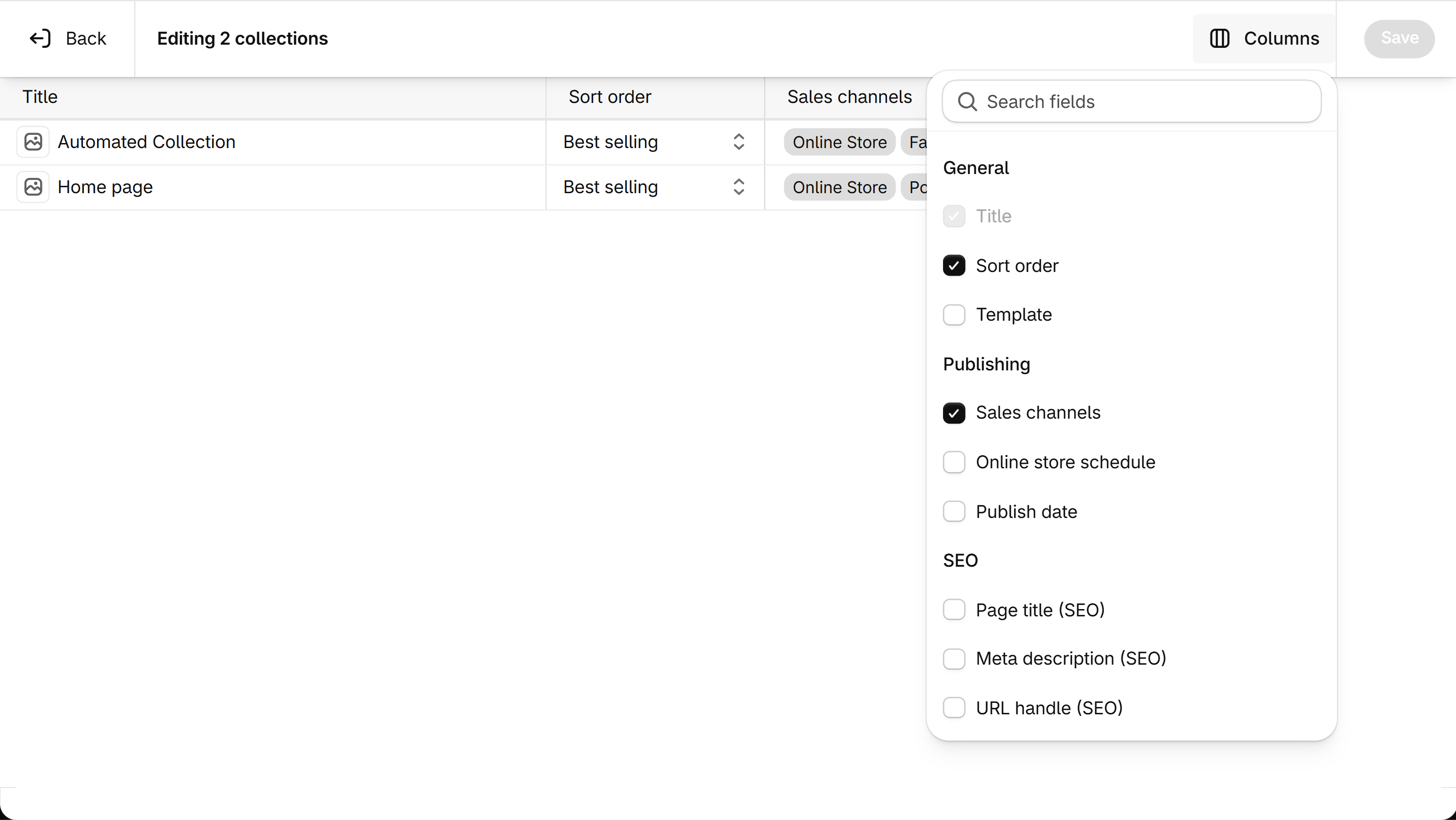 Collections Bulk editor with the Columns drop-down open and Template listed under General