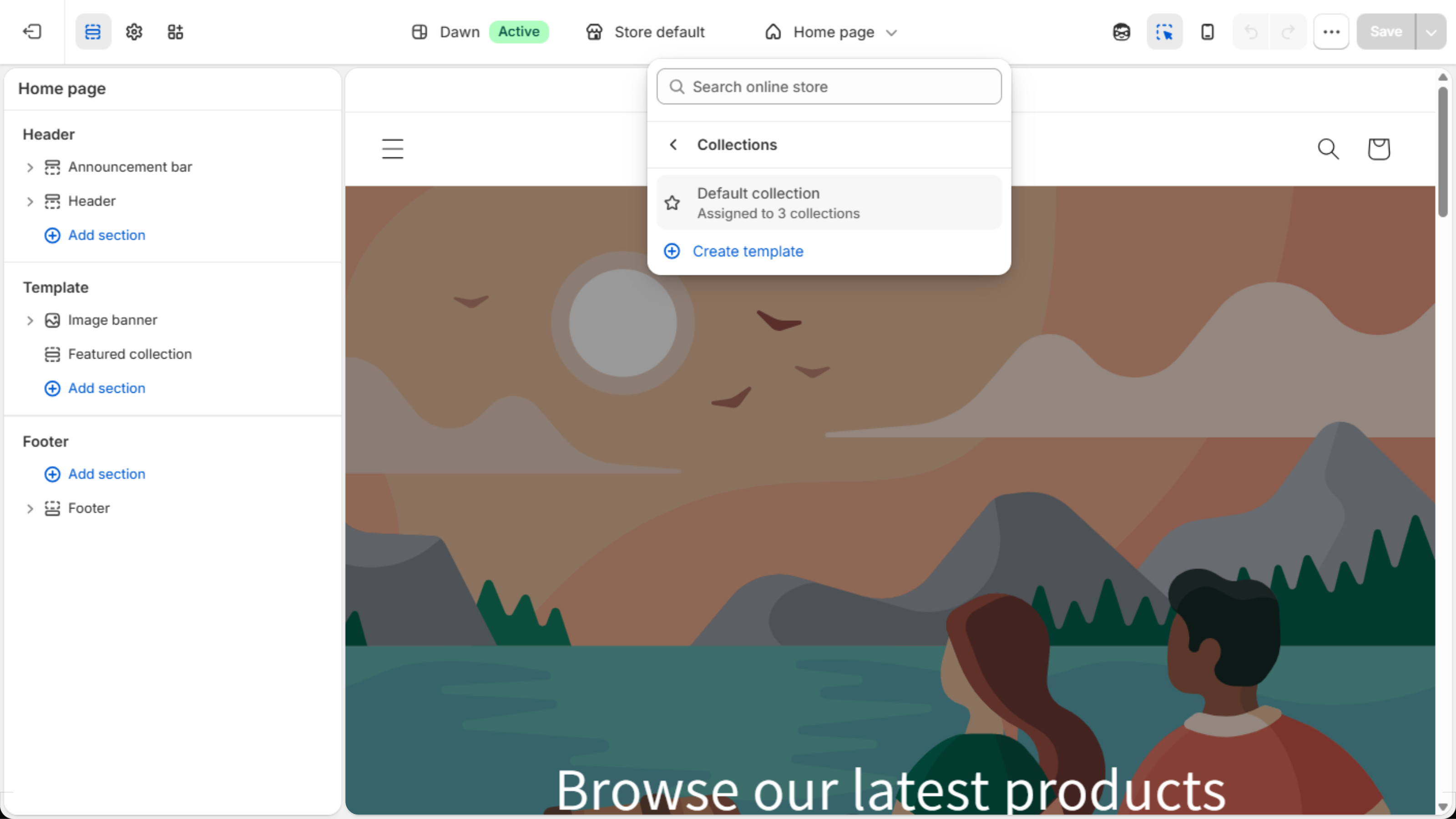 Shopify theme editor with the template drop-down open on Collections, showing Default collection and Create template