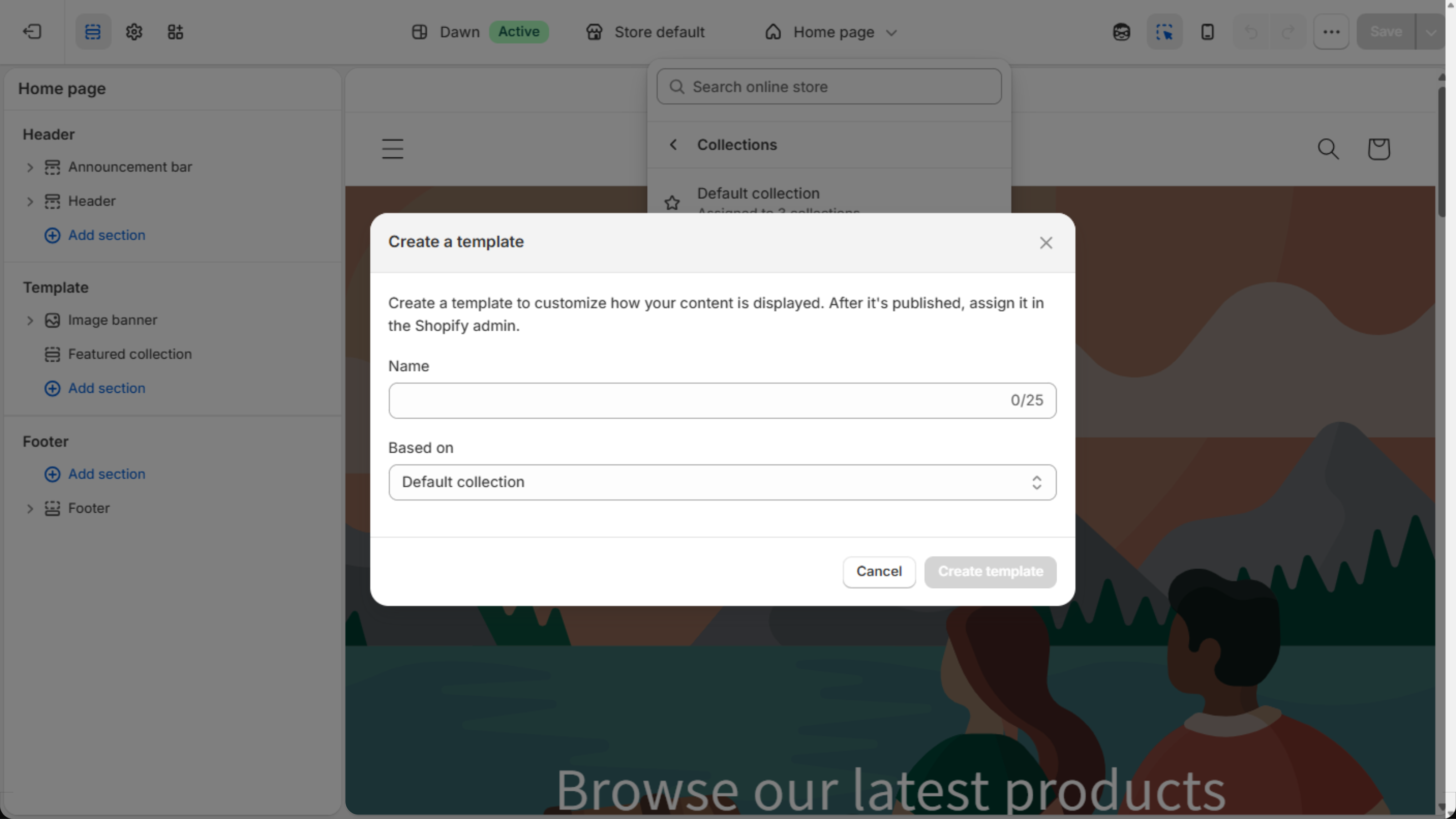Create a template dialog with an empty Name field and Based on set to Default collection