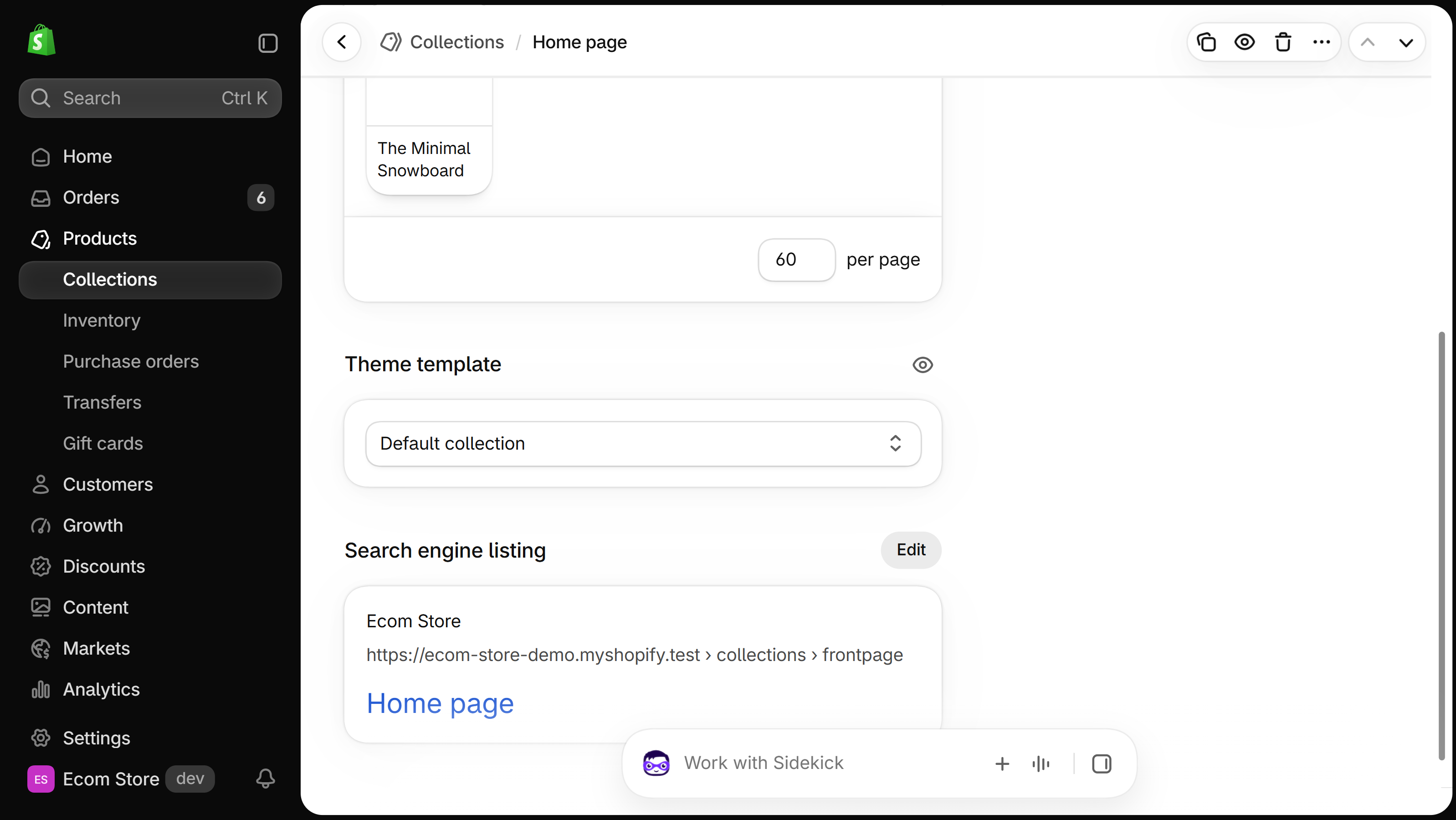 Collection page in Shopify admin with the Theme template card and its Default collection drop-down