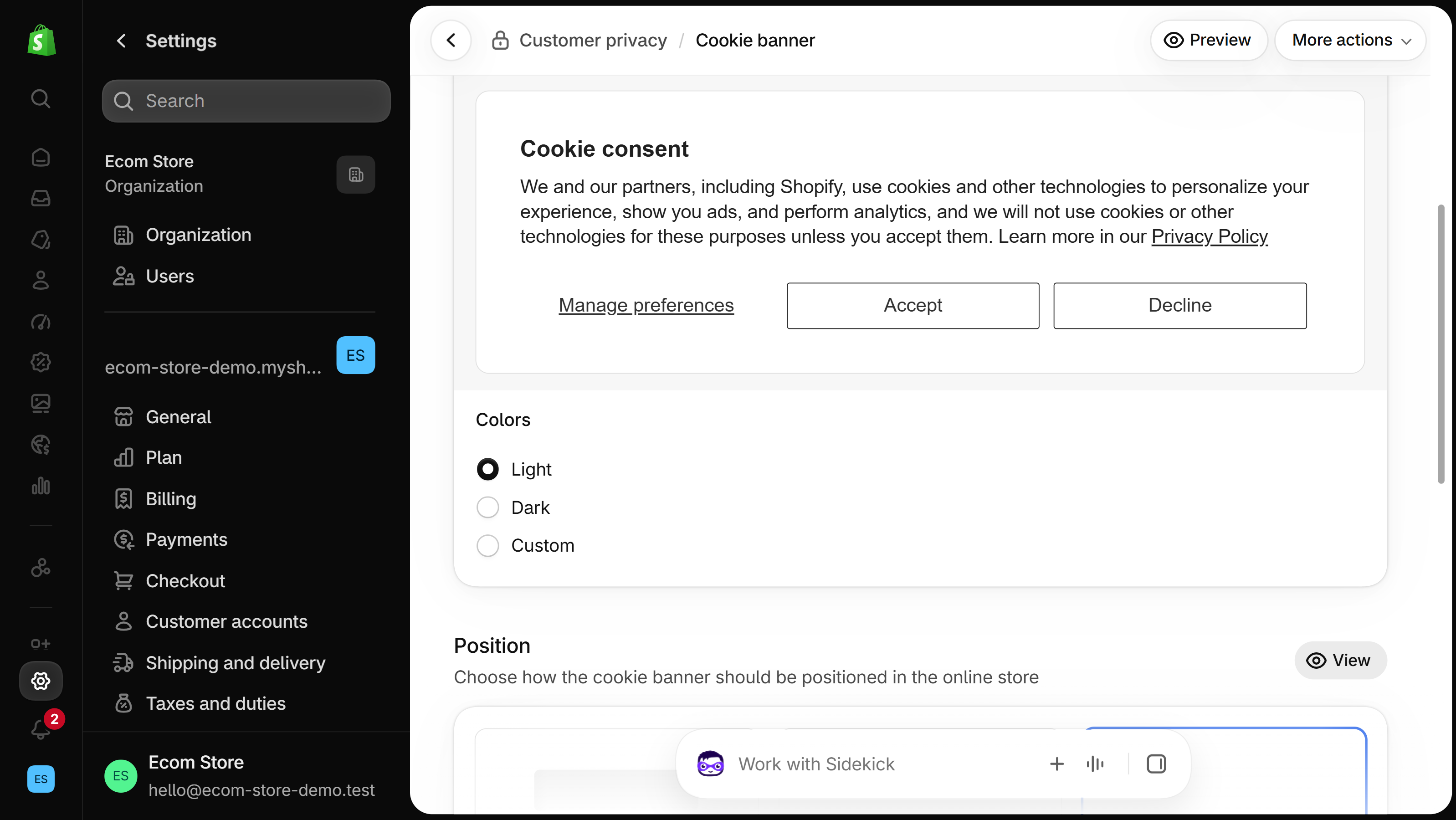 Cookie banner preview above the Colors options Light, Dark and Custom, with the Position heading and its View button below.