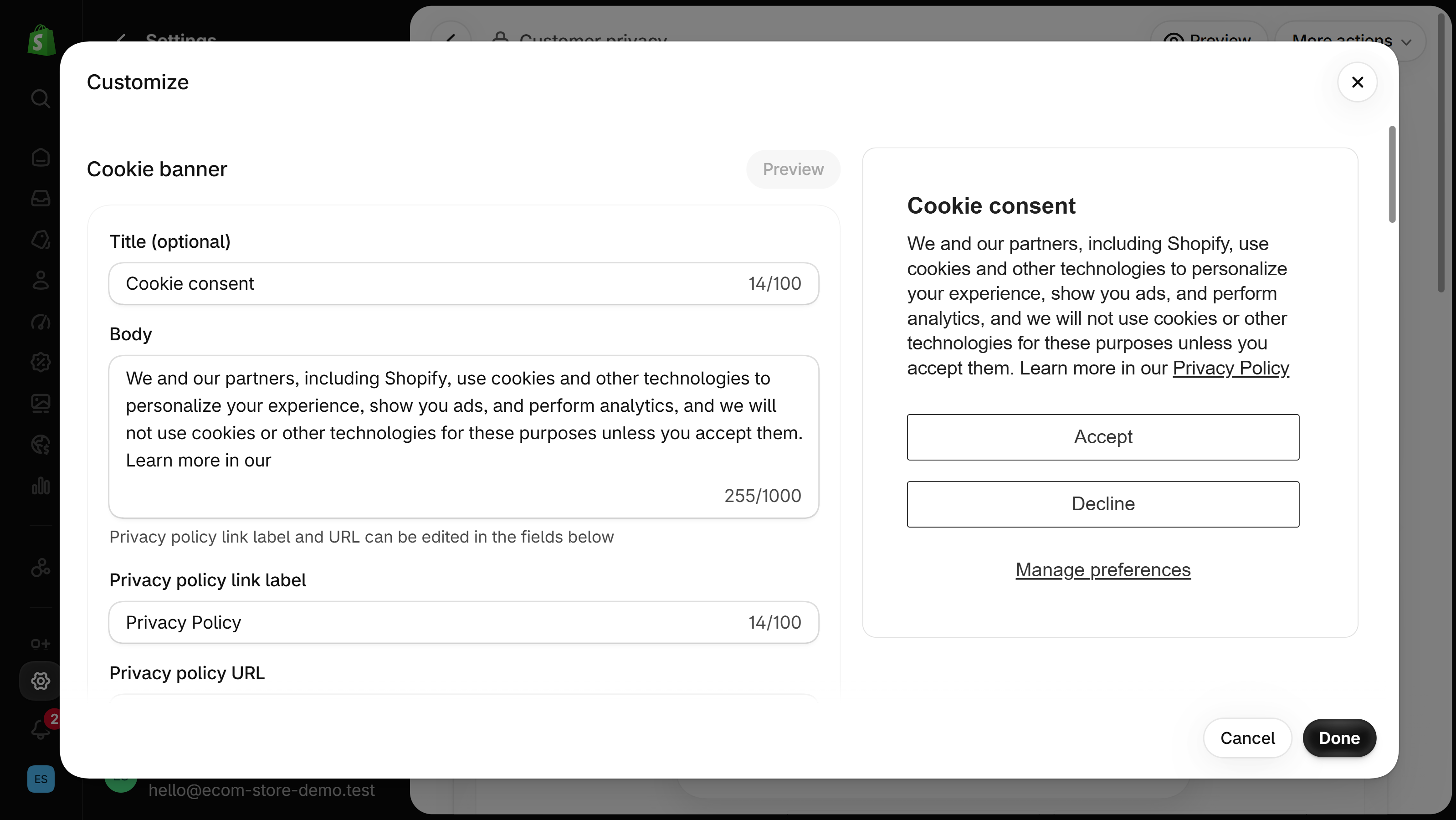 Customize dialog with Title, Body, Privacy policy link label and Privacy policy URL fields beside a live preview.