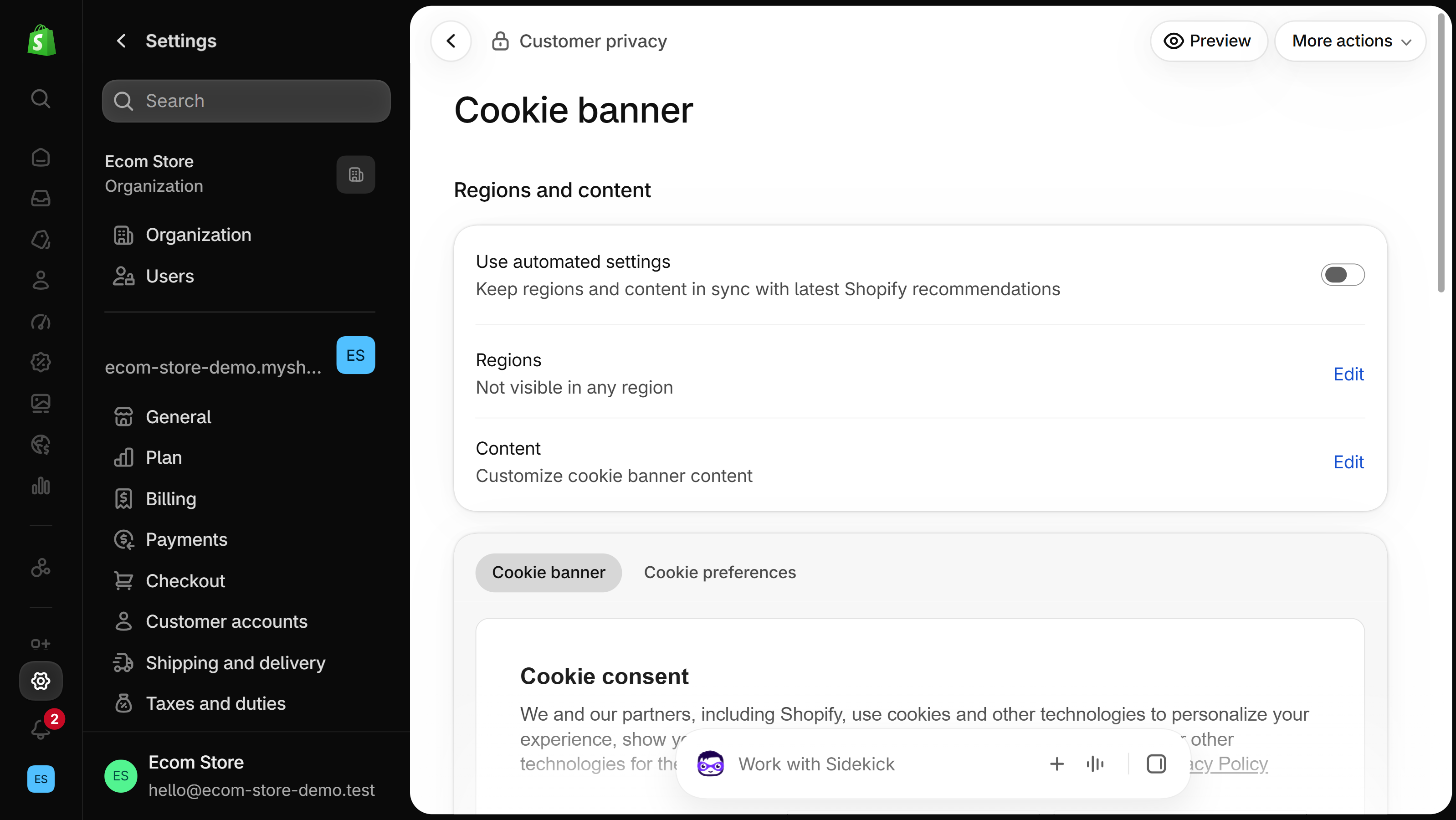 Cookie banner settings page with the Use automated settings toggle, Regions and Content rows, and a banner preview.