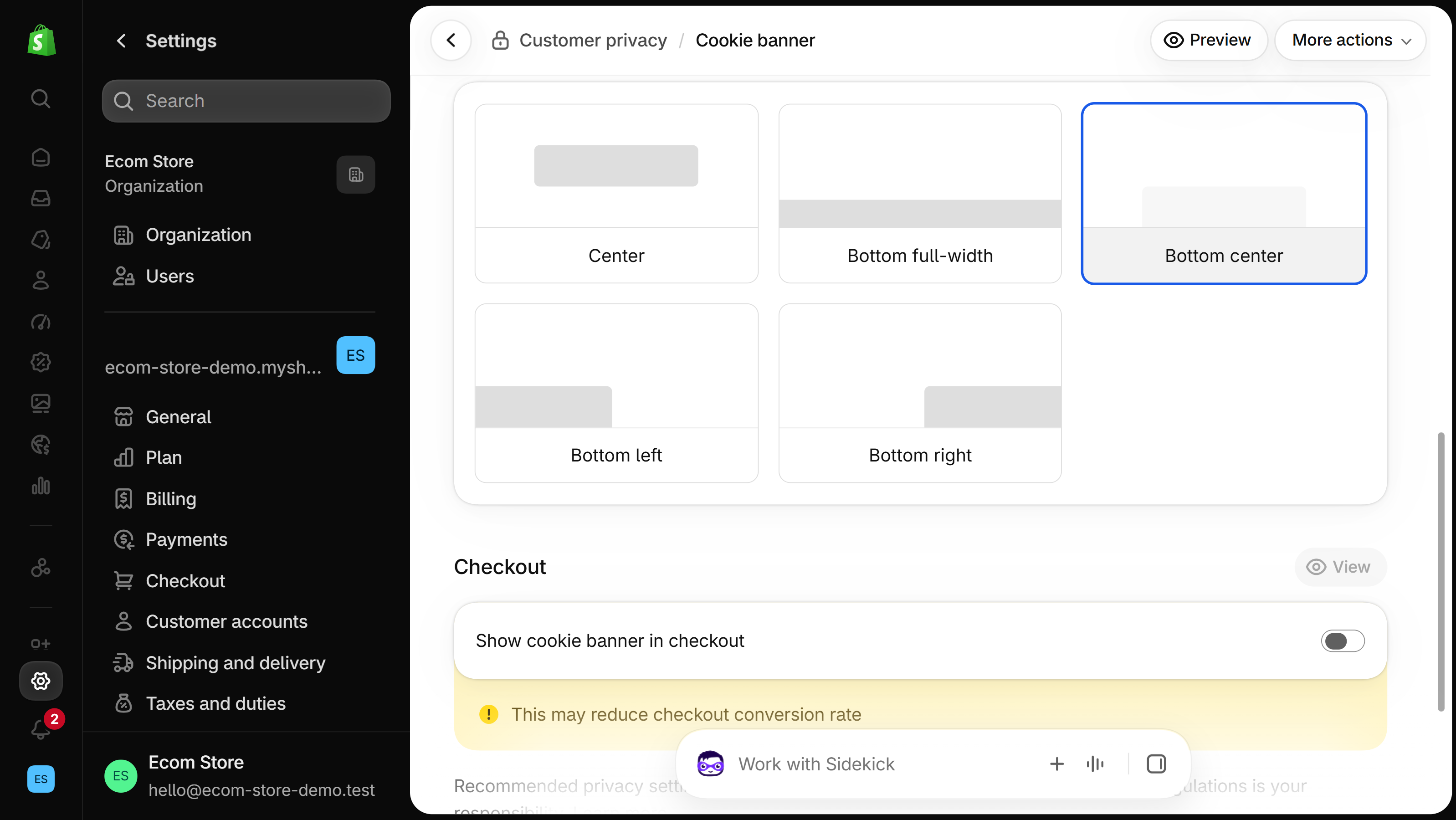 Position options Center, Bottom full-width, Bottom center, Bottom left and Bottom right, above the Show cookie banner in checkout toggle.