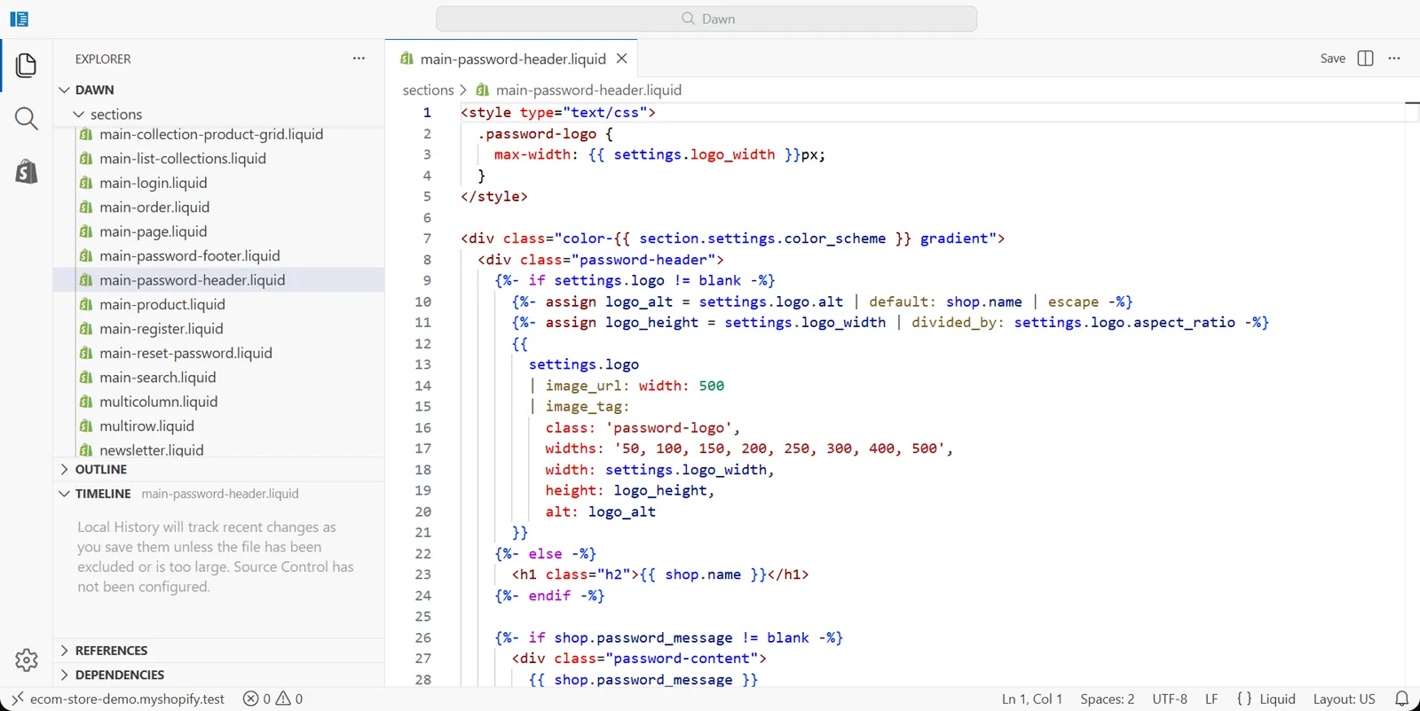 Dawn theme code editor showing sections/main-password-header.liquid next to main-password-footer.liquid.