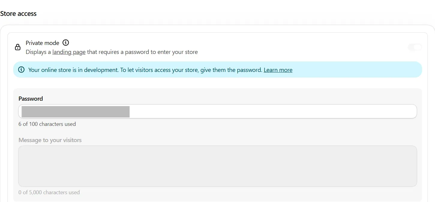 Store access section of Online Store Preferences with Private mode, the password field and Message to your visitors.