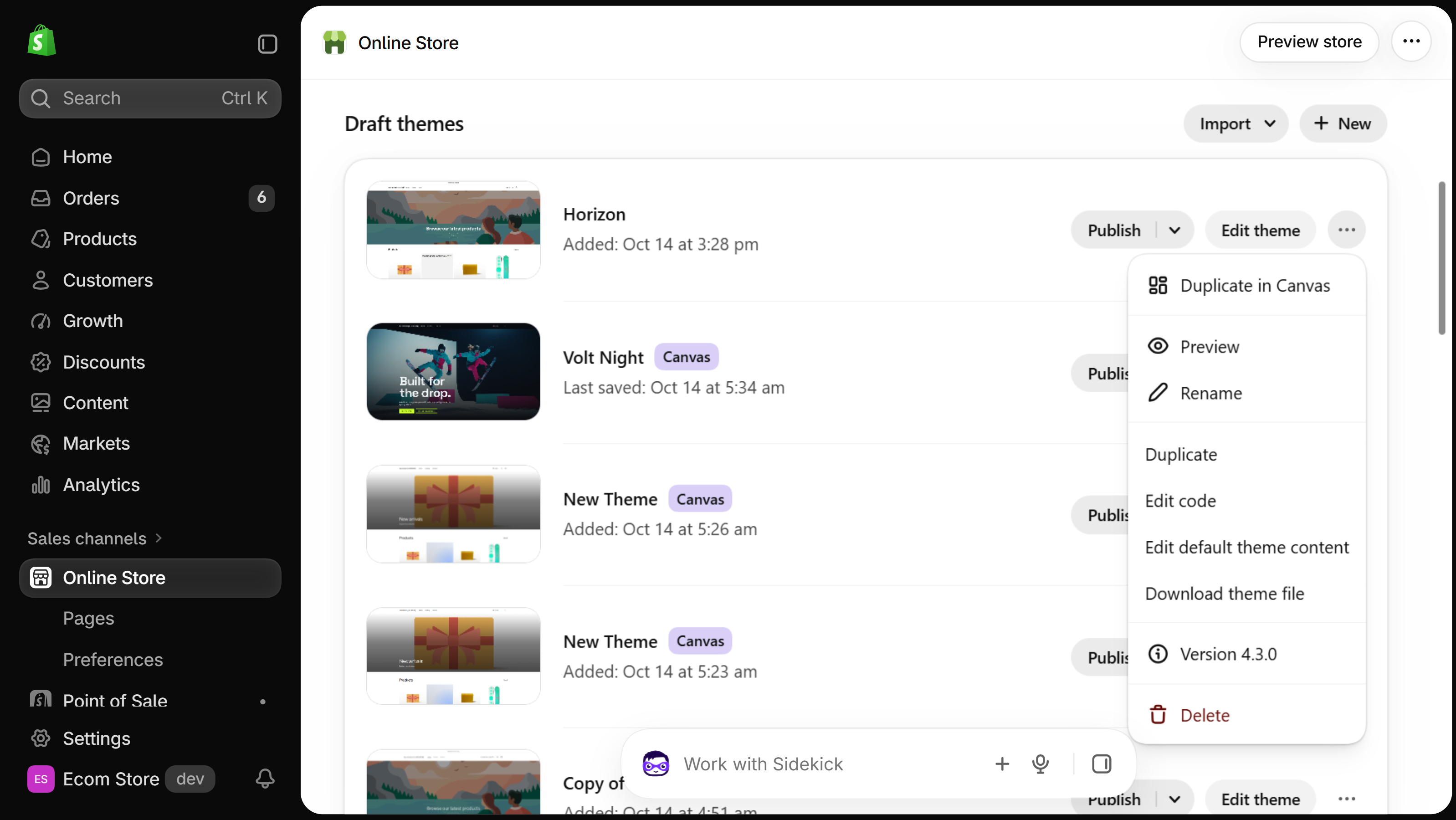 Shopify admin Online Store page with the … actions menu of the Horizon draft theme open, listing Duplicate in Canvas, Preview, Rename, Duplicate, Edit code, Edit default theme content, Download theme file, a version item and Delete