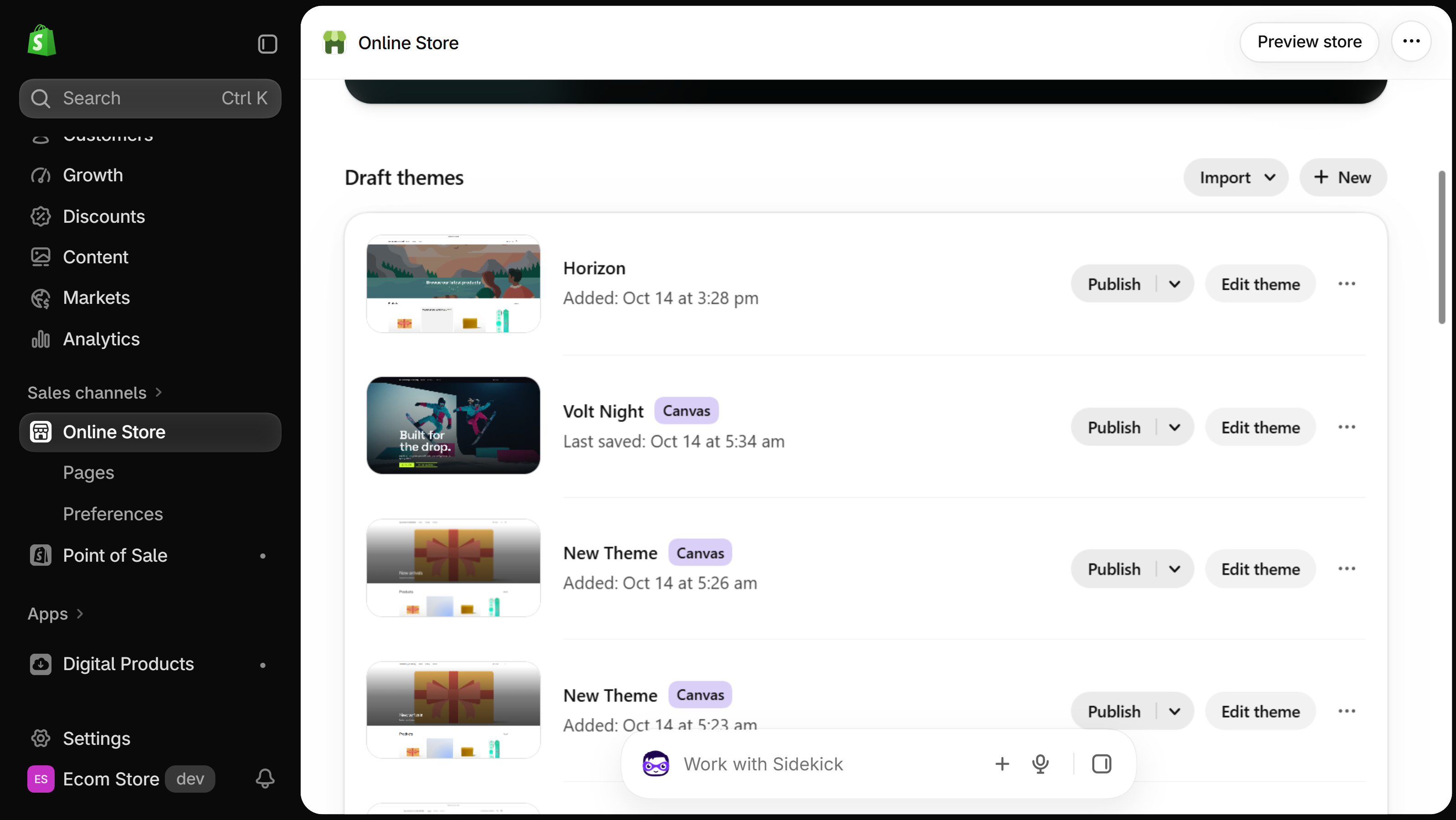 Shopify admin Online Store page, Draft themes section listing Horizon, Volt Night and other drafts, each with Publish, Edit theme and … buttons, with Import and New above the list