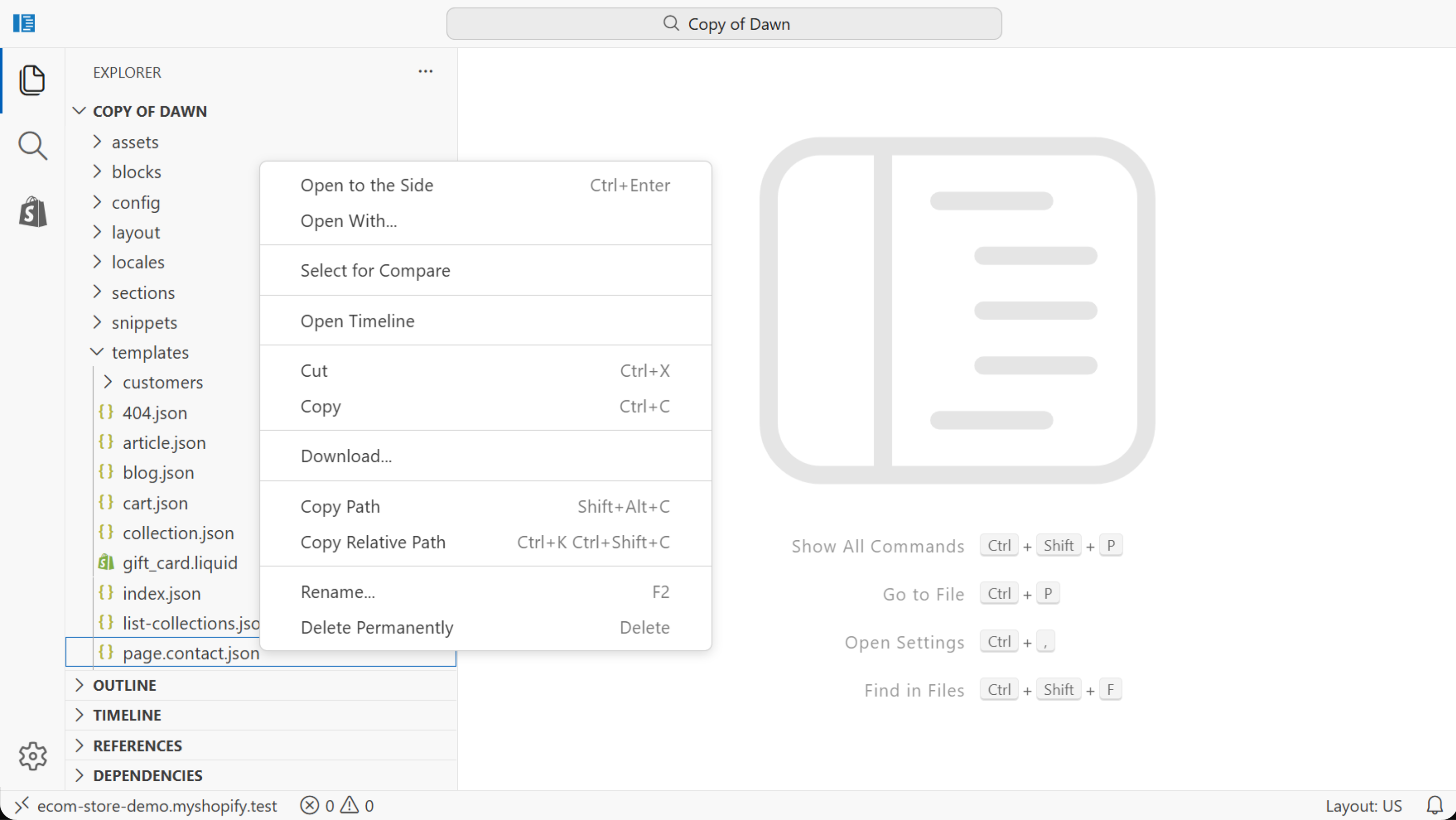 Theme code editor with the templates folder expanded and the context menu of page.contact.json open, ending with Rename... and Delete Permanently