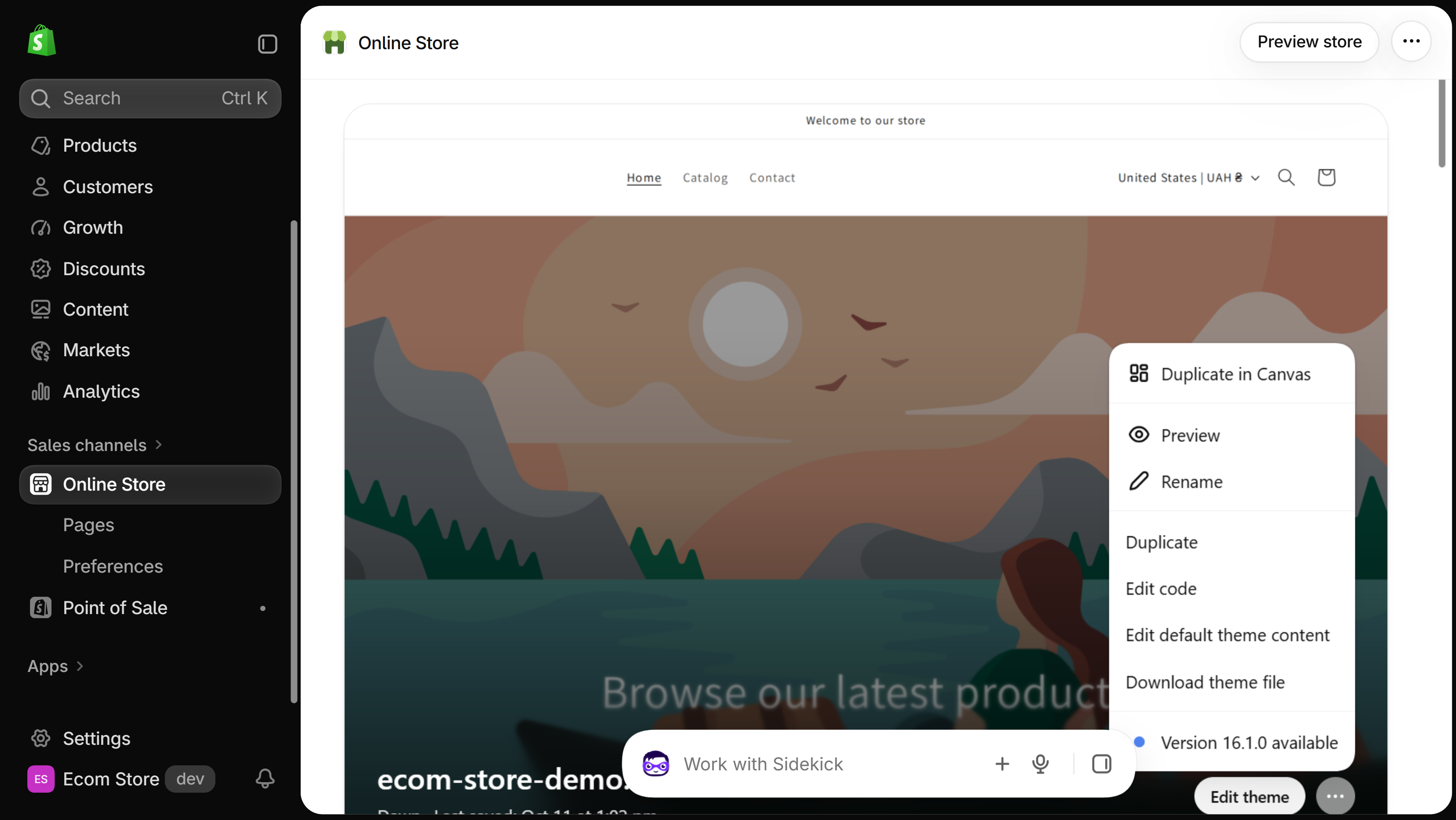 Online Store themes page with the current theme's actions menu open, listing Duplicate in Canvas, Preview, Rename, Duplicate, Edit code, Edit default theme content and Download theme file