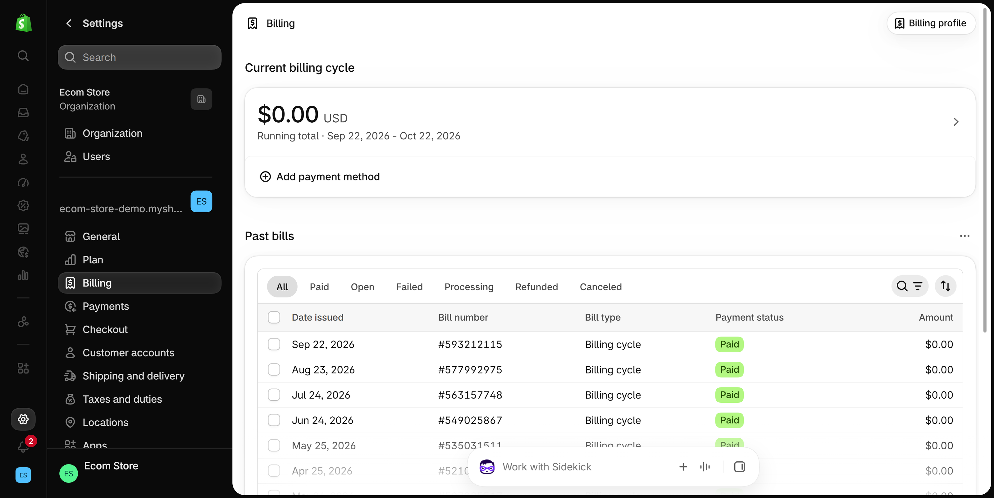 Settings > Billing page with the current billing cycle card and a Past bills table listing bill numbers, dates and payment status