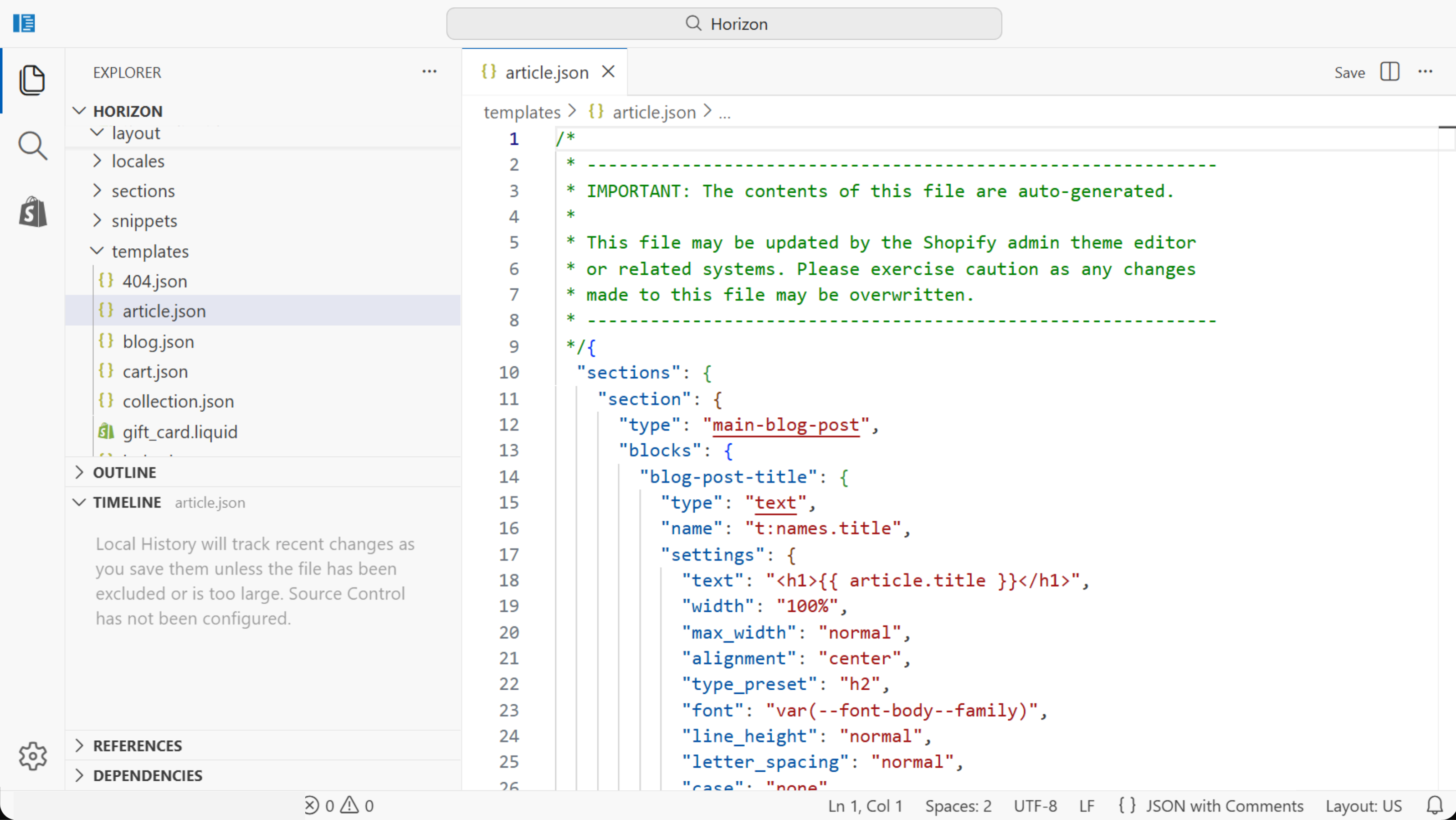 Shopify code editor for the Horizon theme with the templates folder expanded and article.json open, showing the first section in its sections entry and that section's block settings