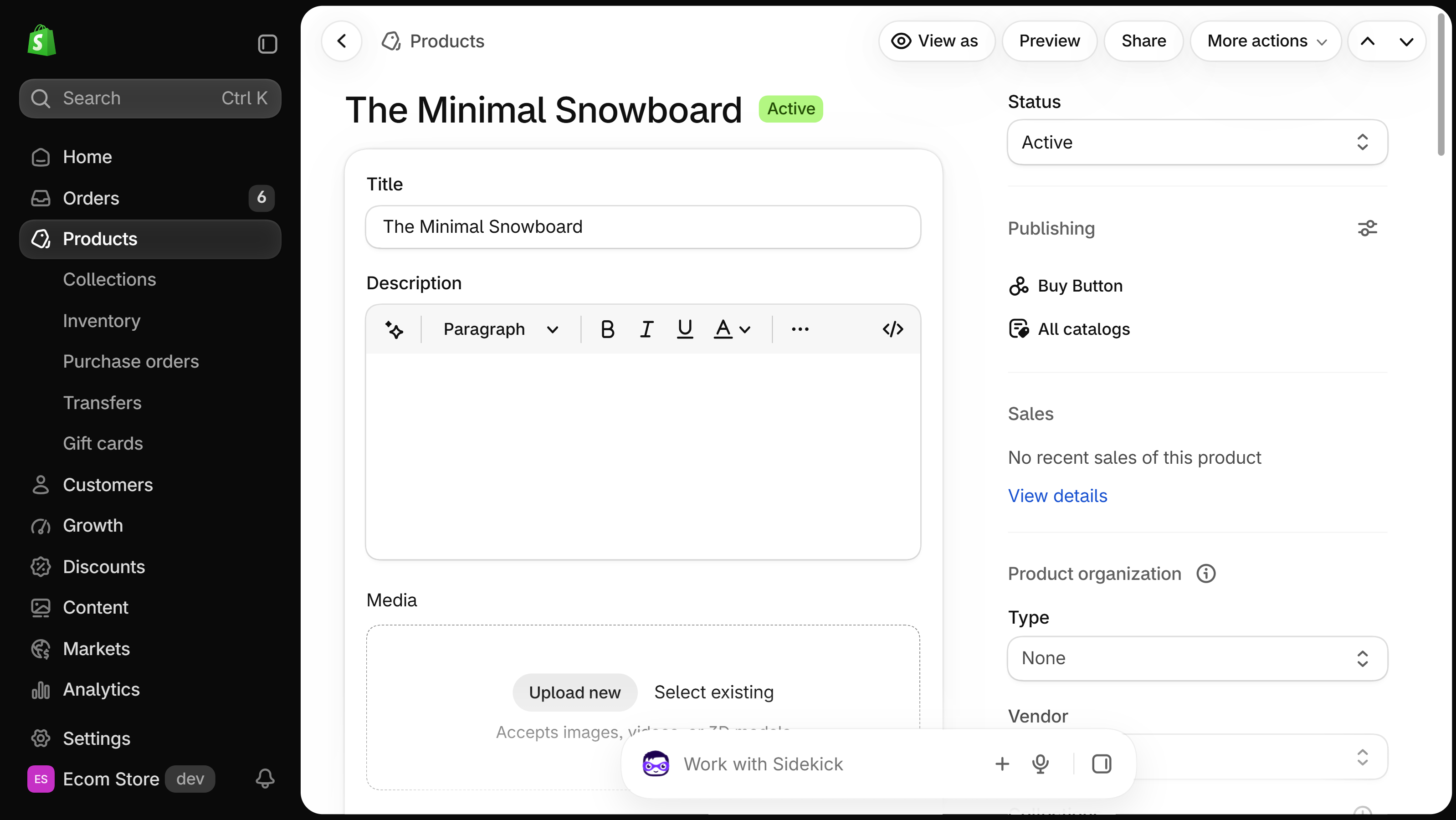 Shopify admin product details page for The Minimal Snowboard, with Title, Description, Media, Status and Product organization, and Products highlighted in the left menu