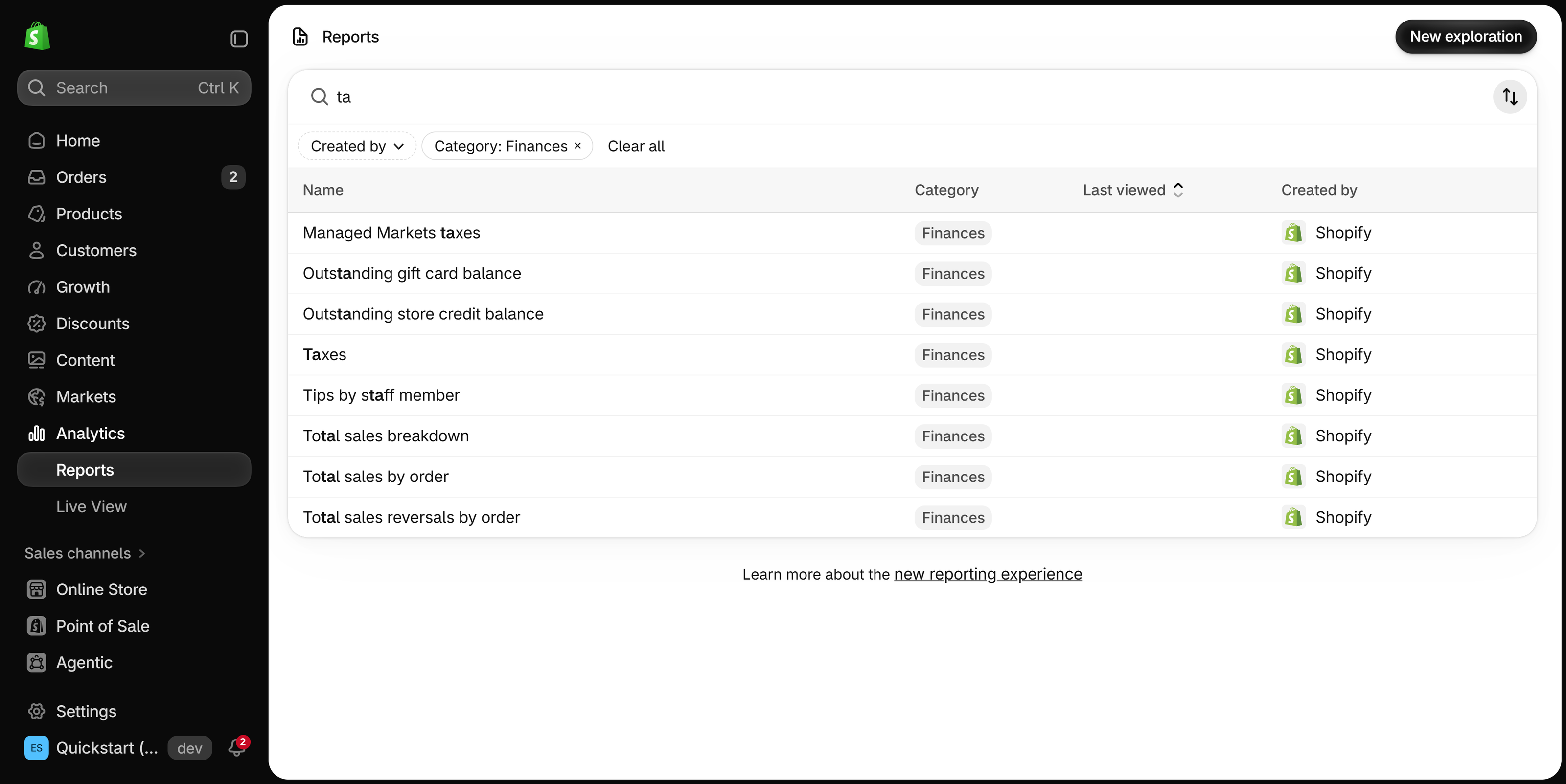 Shopify admin Reports list filtered to the Finances category, showing Taxes, Total sales breakdown and Total sales by order among the results