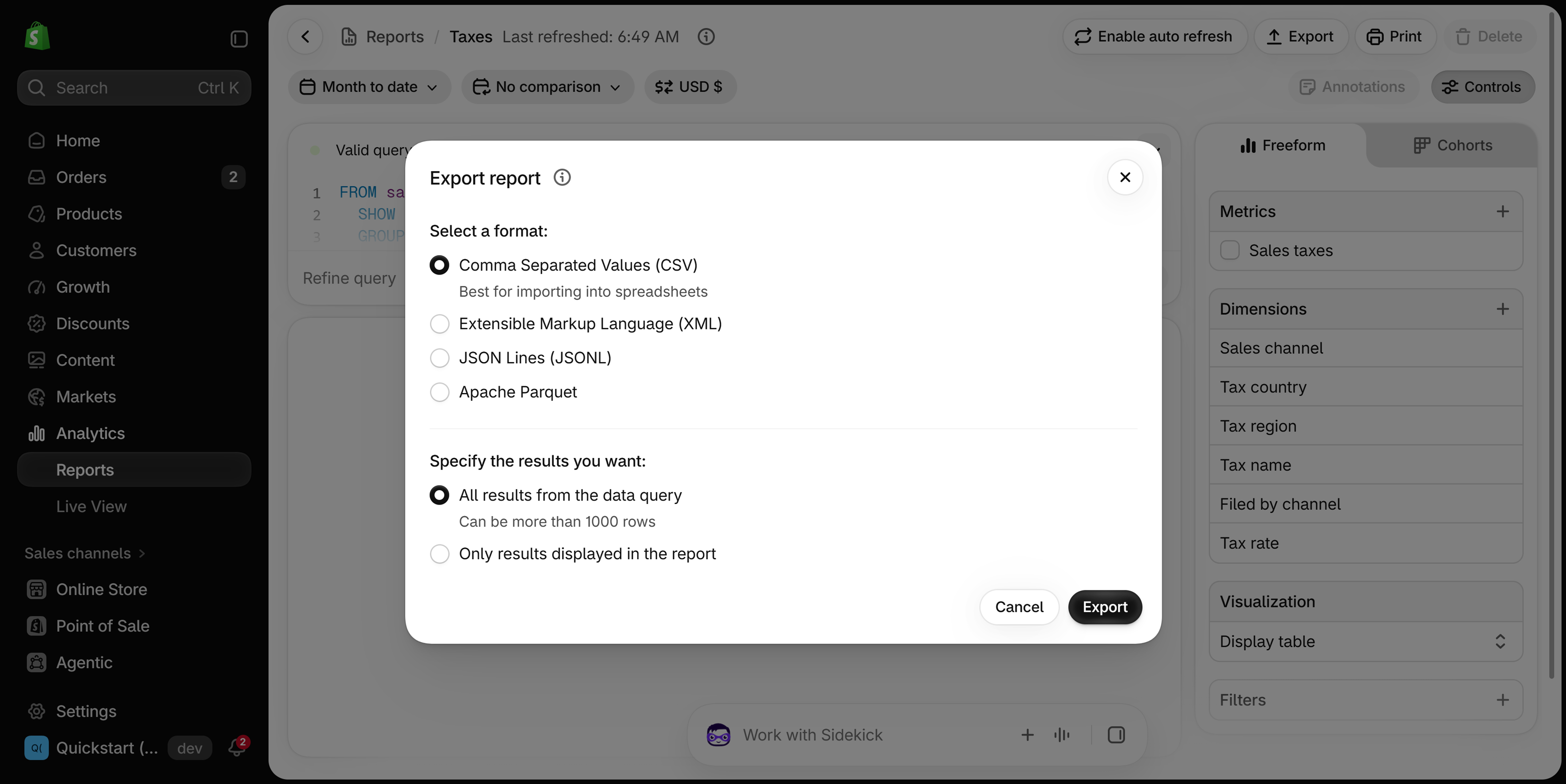 Export report window over the Taxes report, with CSV selected and All results from the data query chosen instead of Only results displayed in the report