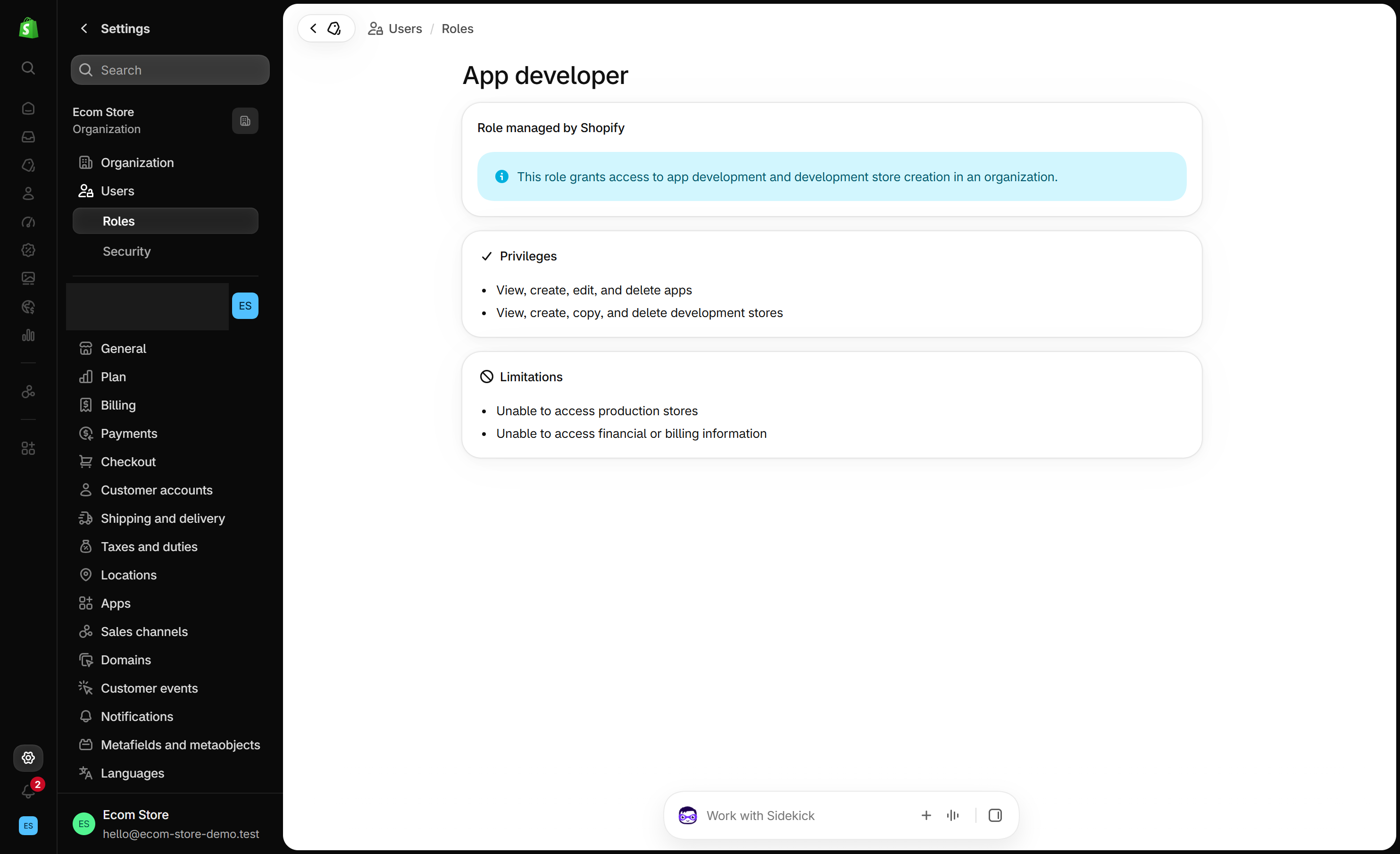 Shopify admin Roles page for the App developer role, a role managed by Shopify, listing its privileges and limitations