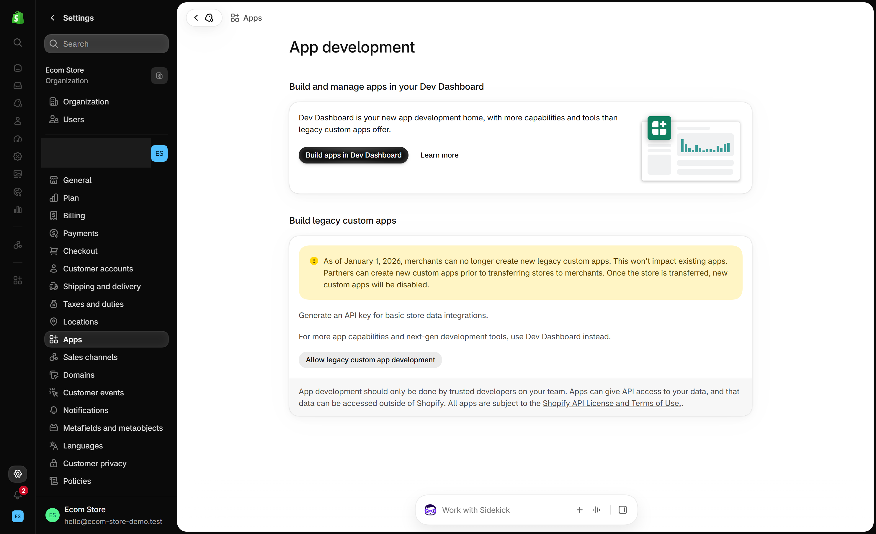 Shopify admin App development page with a Build apps in Dev Dashboard button and a notice about legacy custom apps