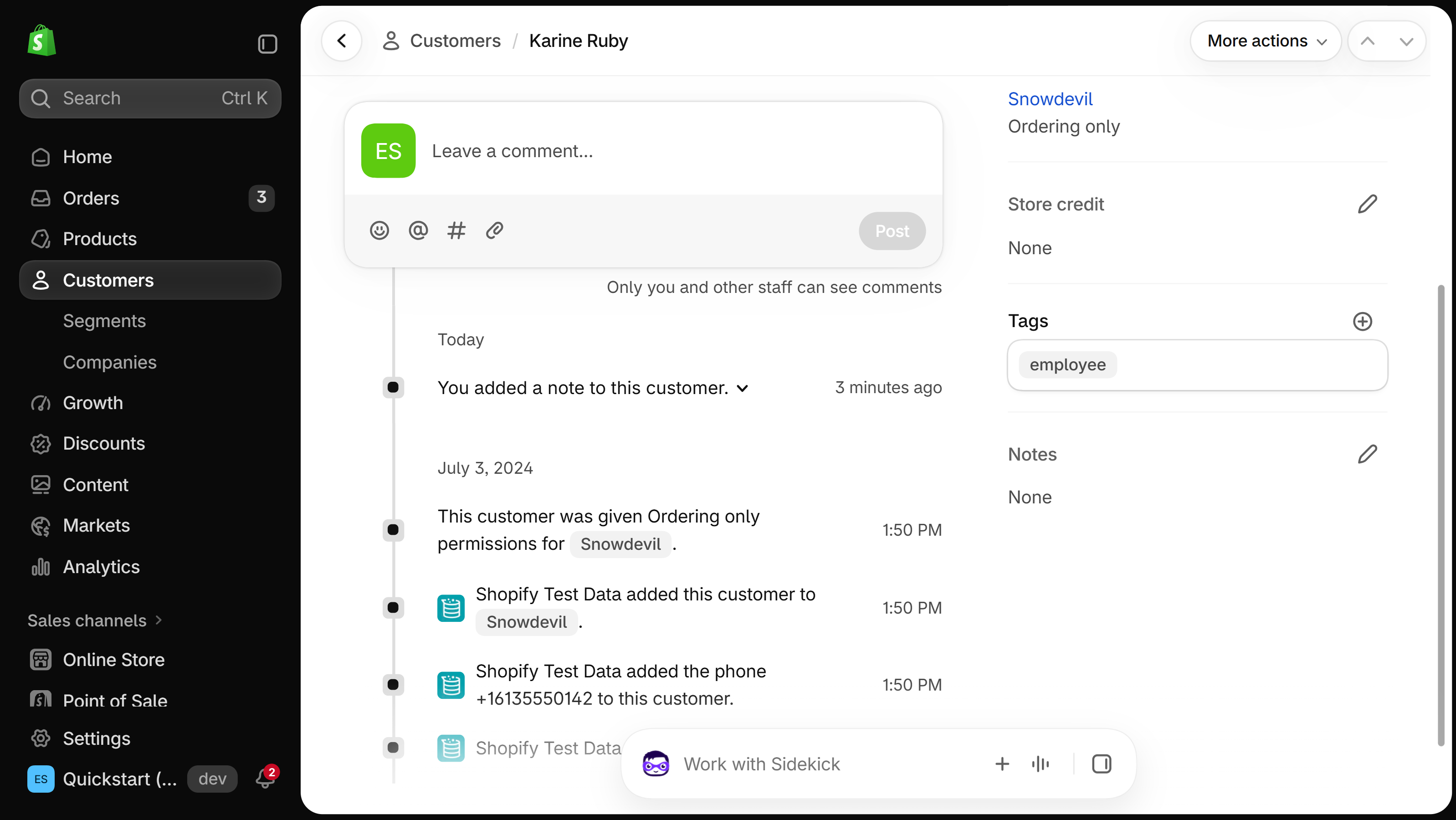Shopify customer profile with the employee tag shown in the Tags card on the right