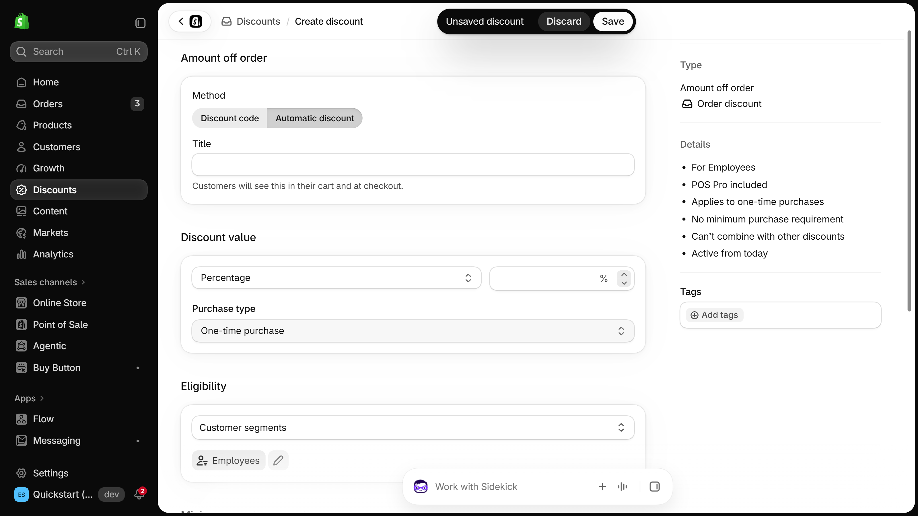 Shopify Create discount form for Amount off order with Method set to Automatic discount and Eligibility set to Customer segments, with the Employees segment selected