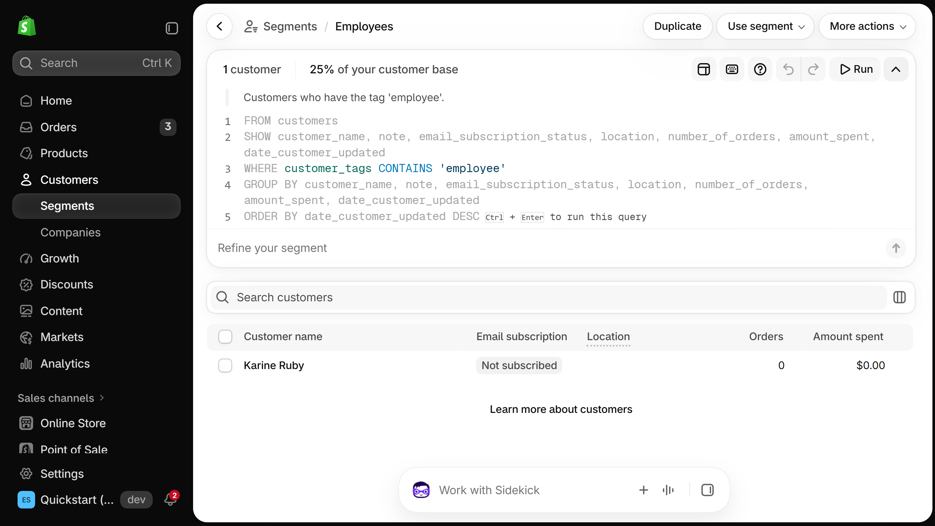 Shopify segment editor for a segment named Employees with the query customer_tags CONTAINS 'employee' and one matching customer