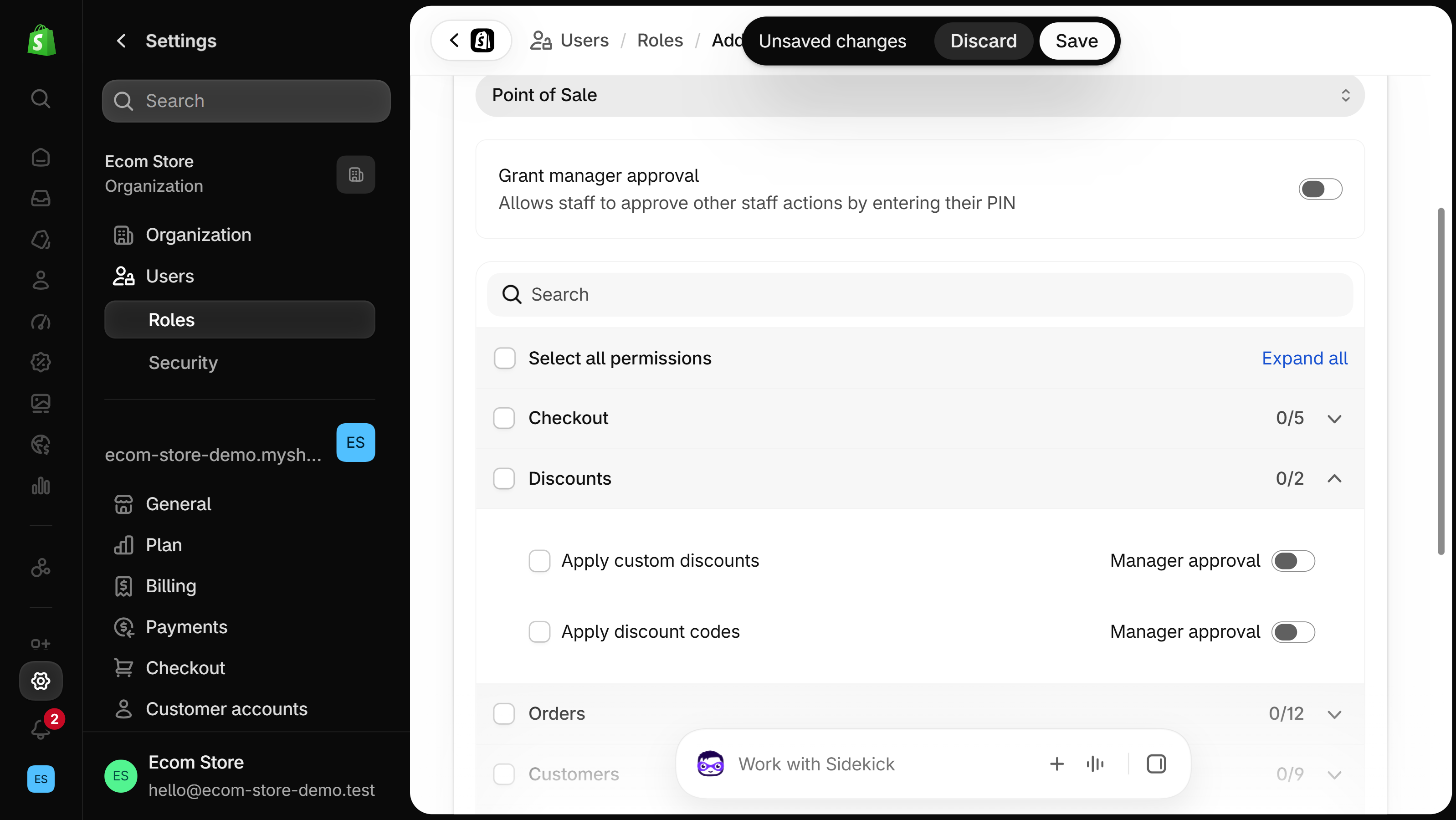 Add role form for a Point of Sale role with the Discounts group expanded, showing Apply custom discounts and Apply discount codes