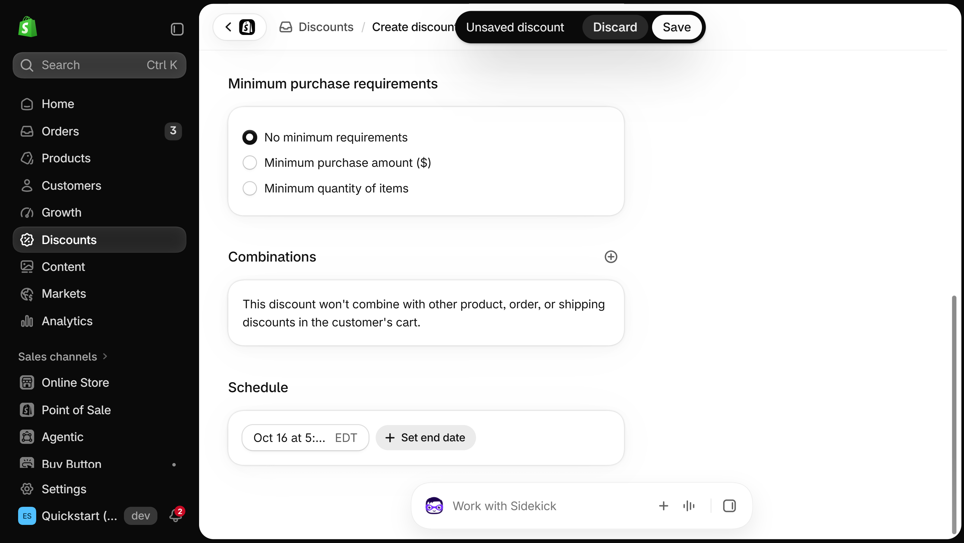Lower part of the automatic Amount off order form: Minimum purchase requirements set to No minimum requirements, then Combinations and Schedule with Set end date