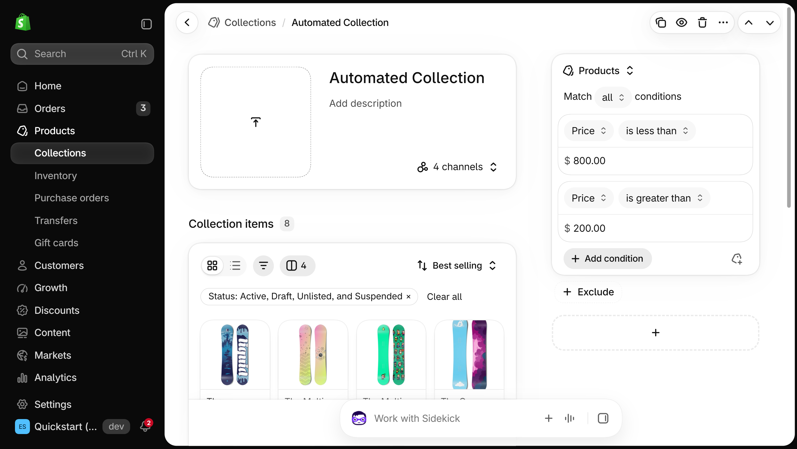 Shopify admin collection page with a Products source set to Match all conditions and two Price conditions