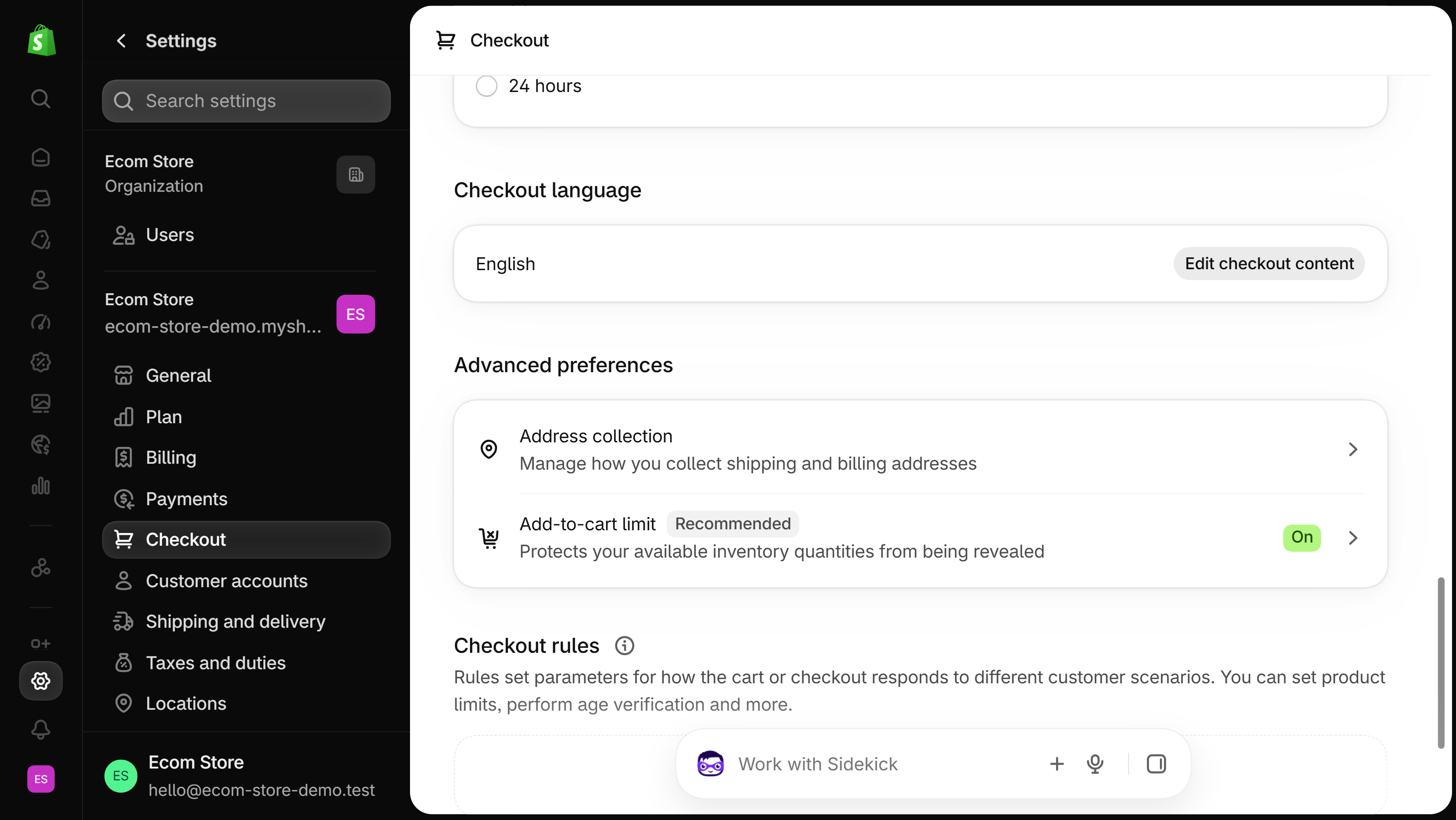 Shopify admin Settings, Checkout page with the left menu, showing Checkout language, then Advanced preferences with Address collection and an Add-to-cart limit row marked Recommended, and the Checkout rules heading below