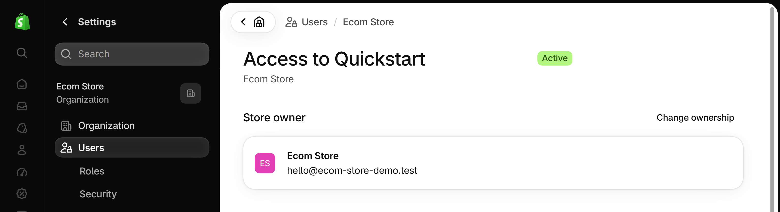 Access page for one store in Settings, Users: a Store owner section showing the current owner and a Change ownership button