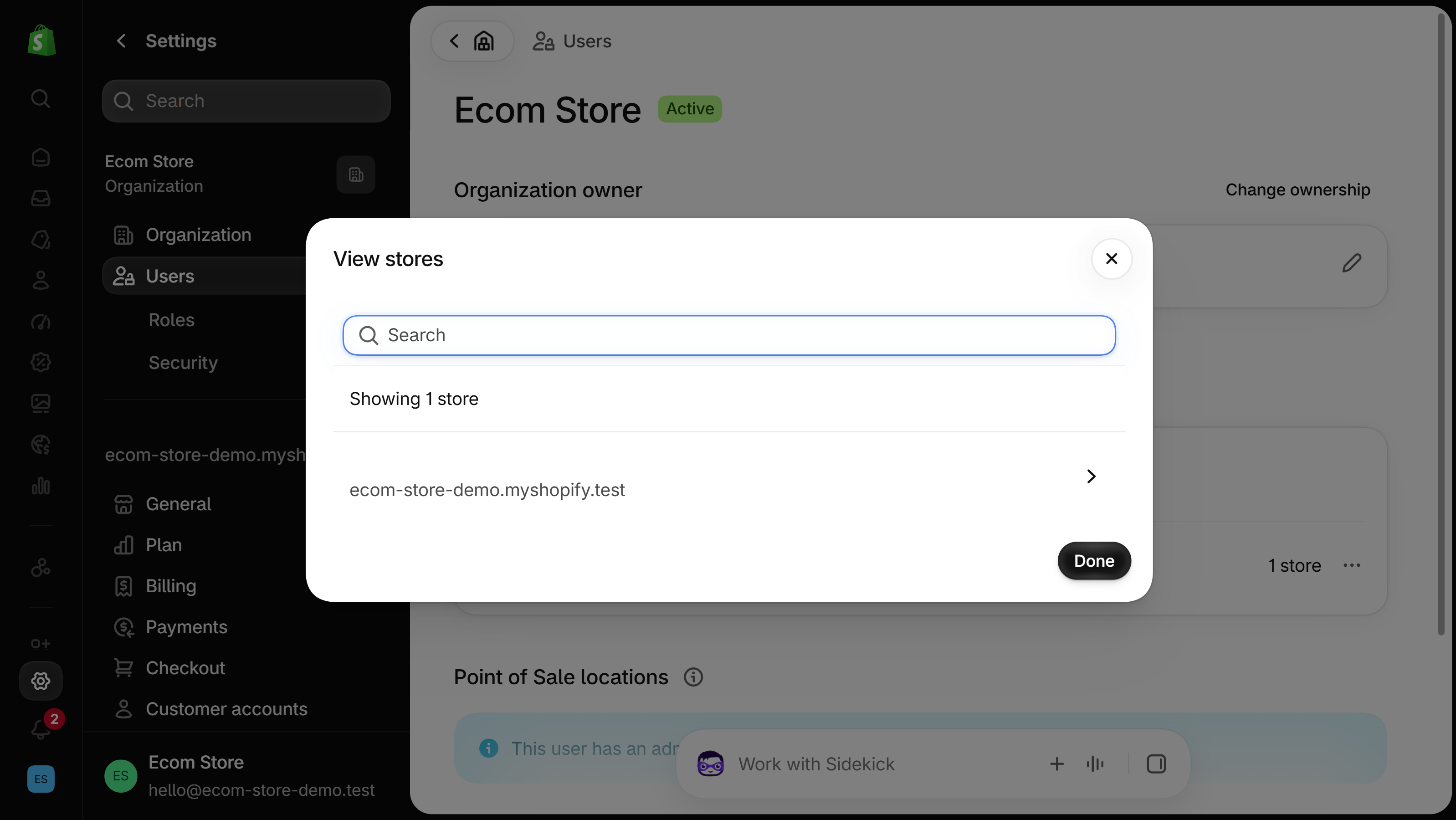 View stores dialog over the owner's profile, showing 1 store with an arrow at the end of the store's row