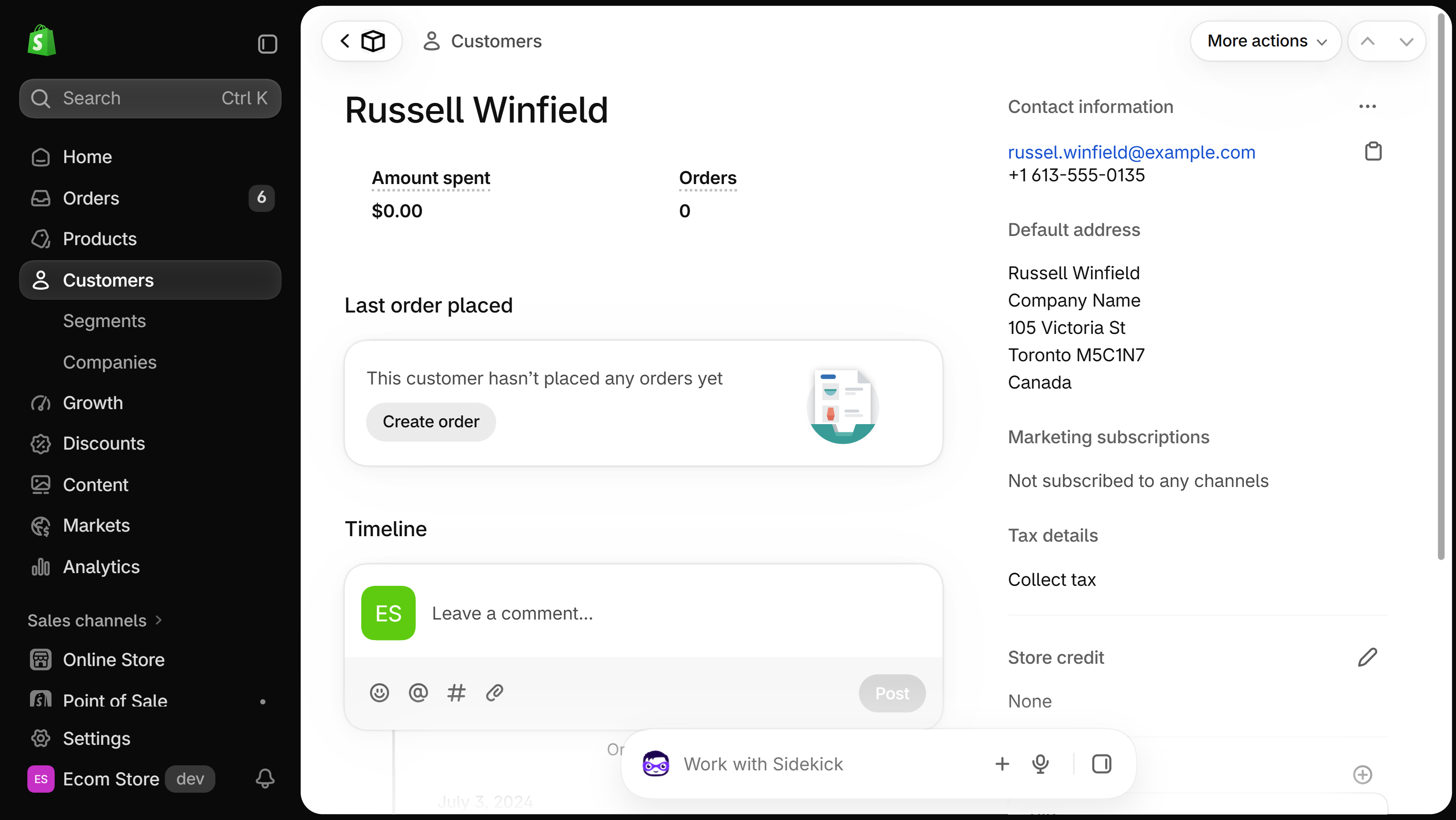 Shopify admin customer profile with a clickable email address under Contact information and the Timeline below