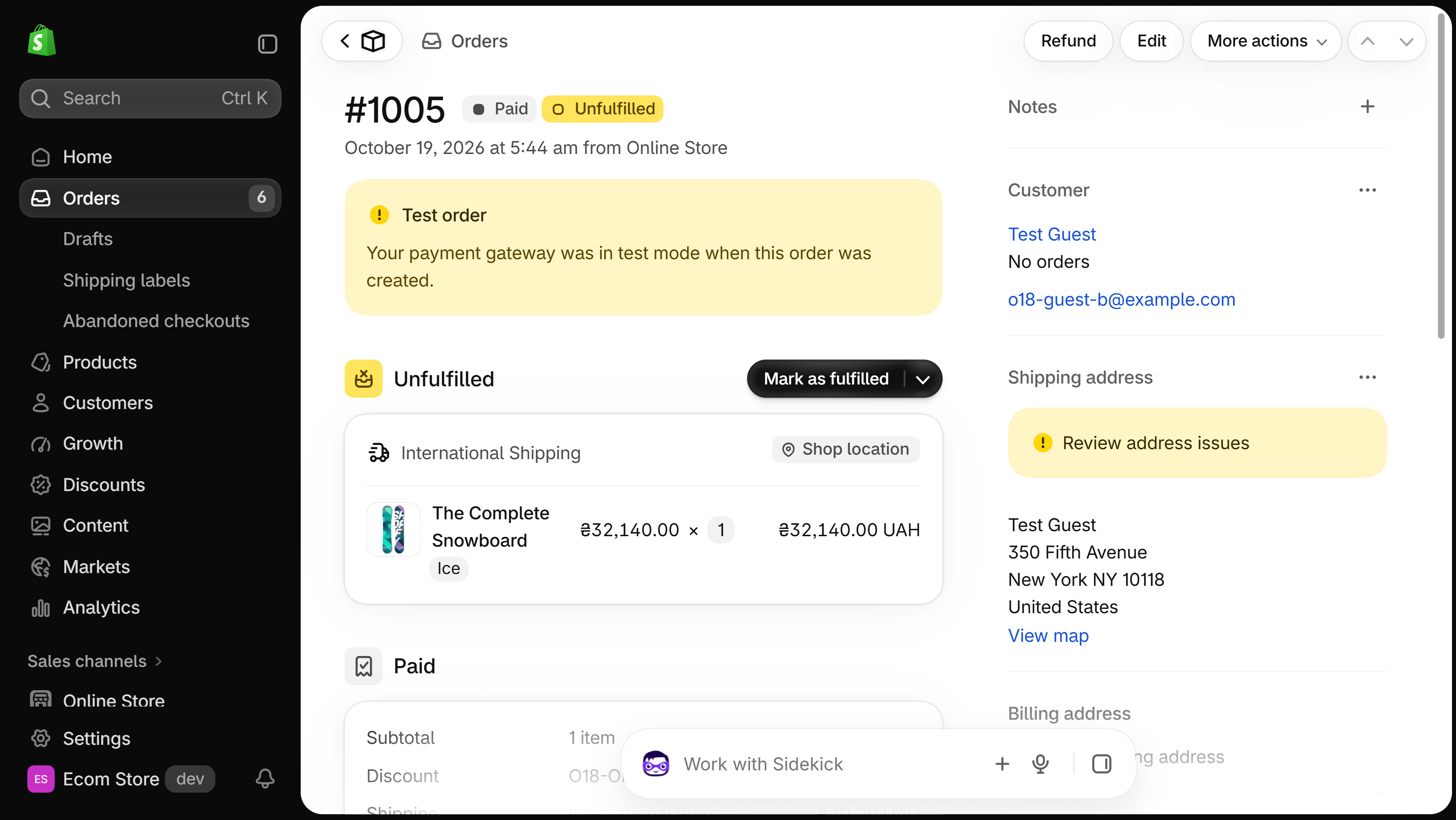 Shopify admin order page with the Customer card in the right column showing the customer's name and a clickable email address