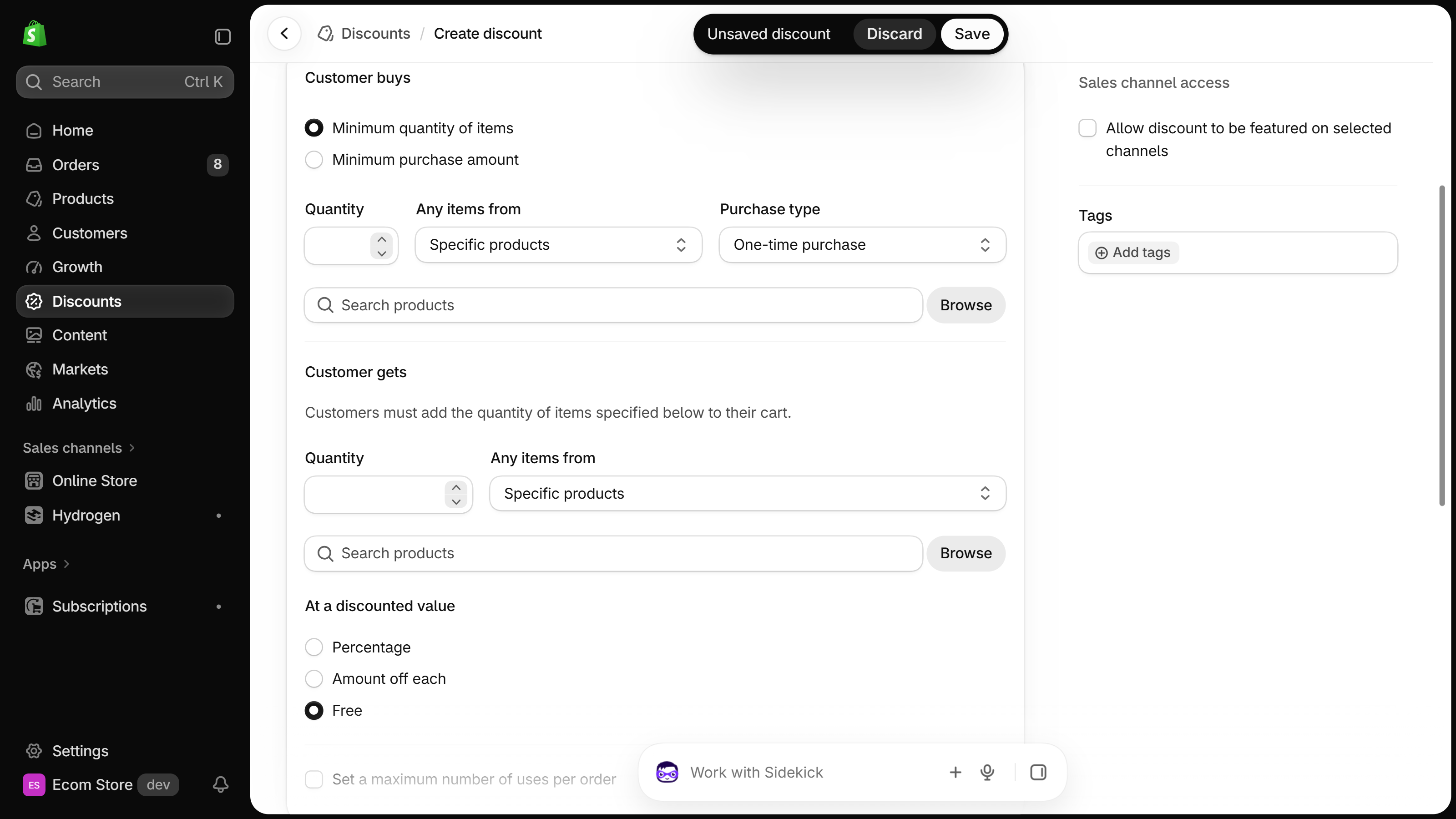Buy X get Y discount form with Customer buys set to Minimum quantity of items and Customer gets discounted value set to Free