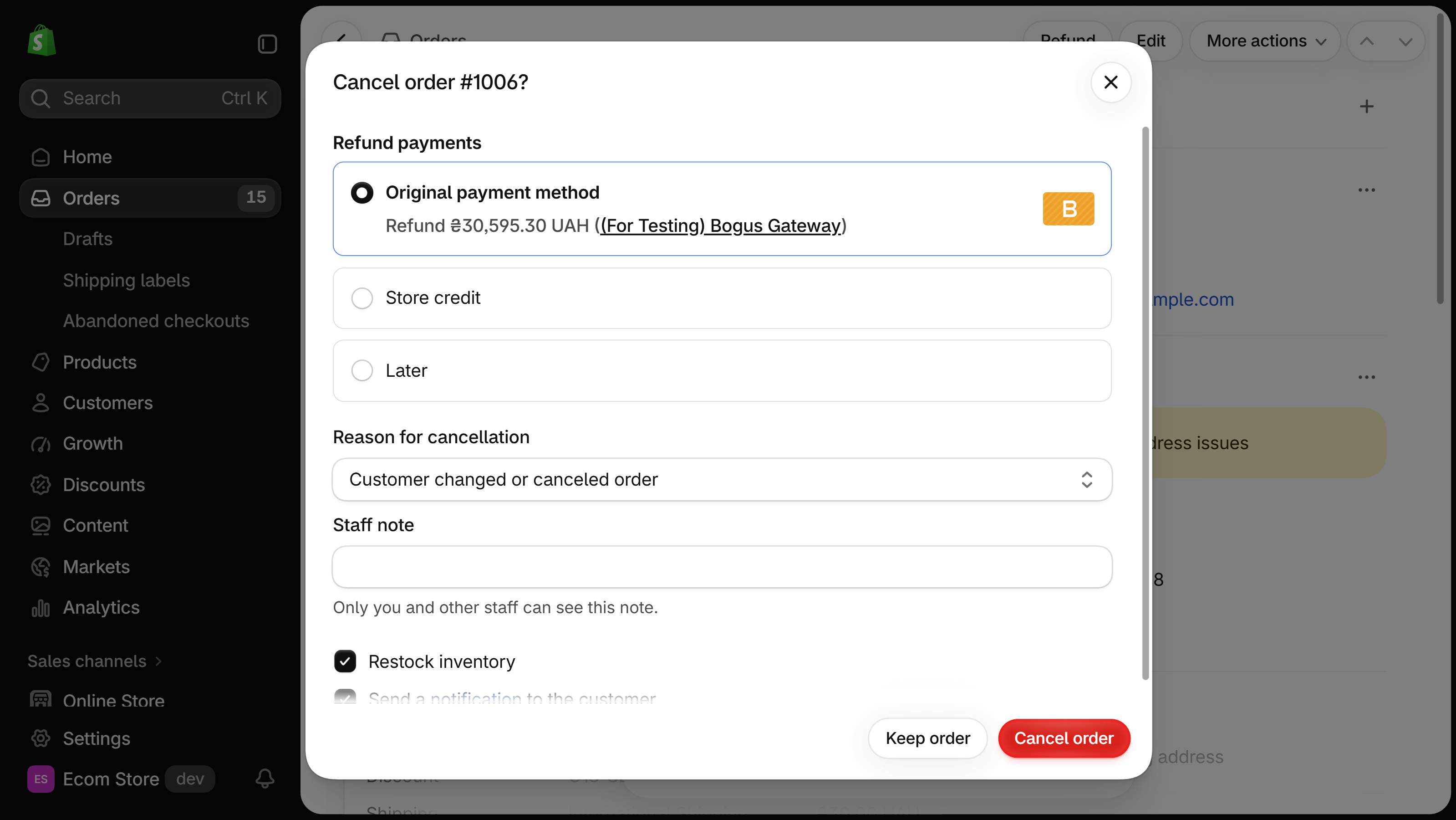 Shopify Cancel order dialog with Refund payments options Original payment method (selected), Store credit and Later, and a ticked Restock inventory box