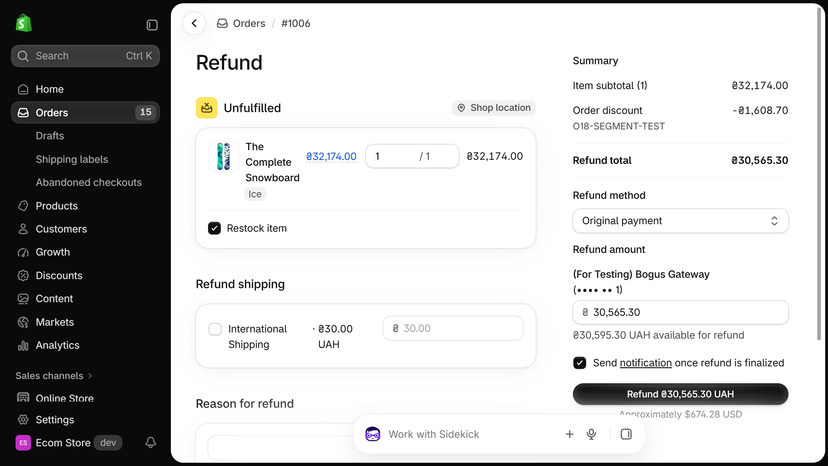 Shopify admin Refund screen with the Summary block and the Send notification once refund is finalized checkbox ticked