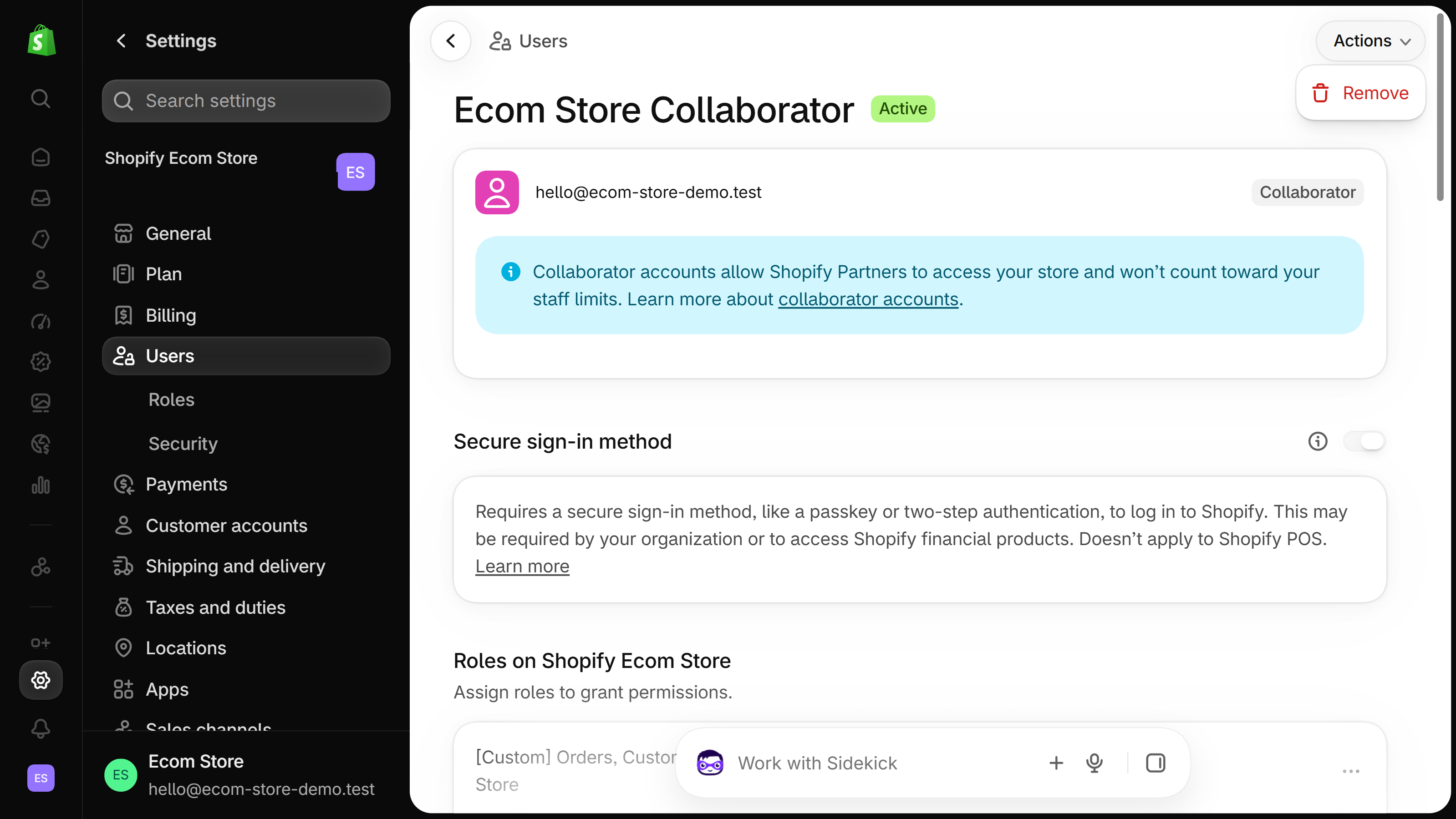 Shopify admin collaborator account page under Settings > Users with the Actions menu open, showing Remove