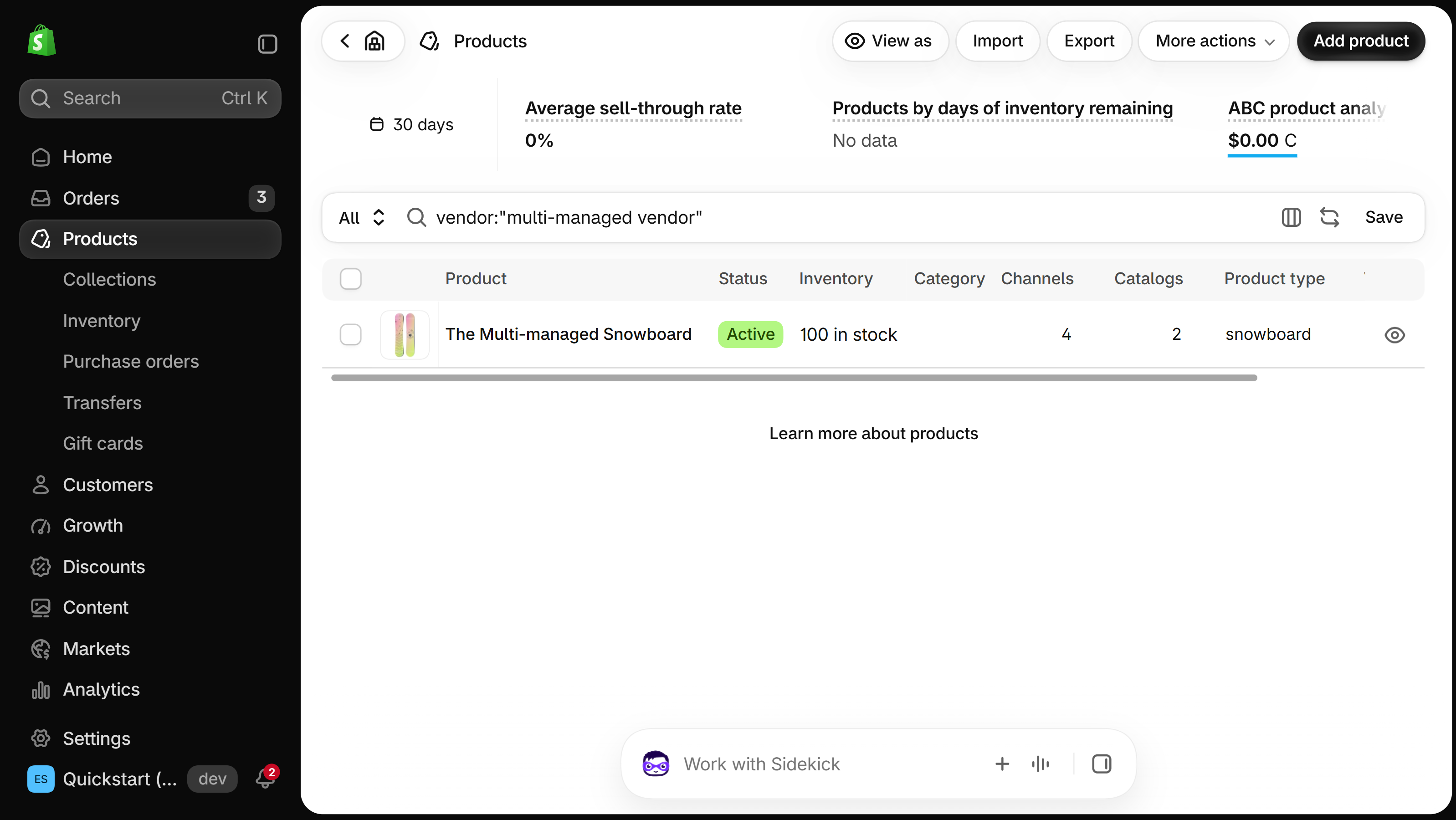 Shopify admin Products list with the search vendor:"multi-managed vendor" returning one product, The Multi-managed Snowboard