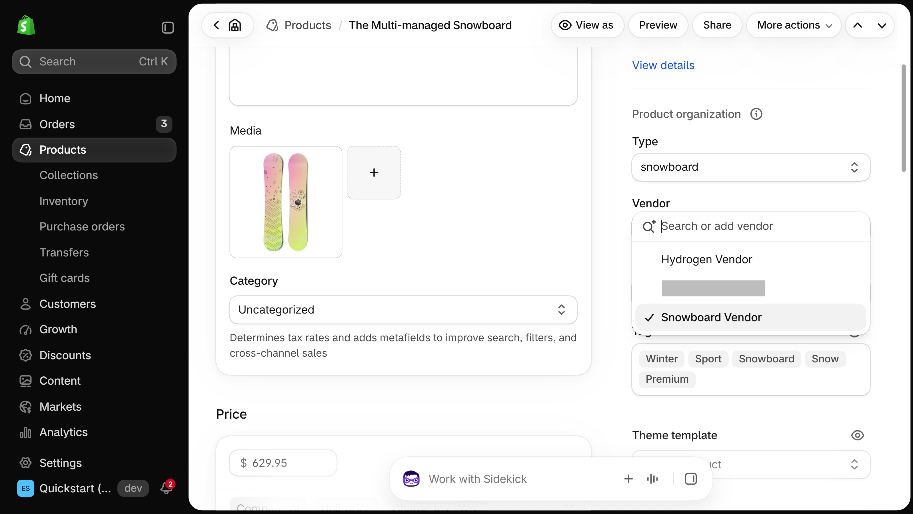 Shopify product page with the Vendor picker open in Product organization, listing Hydrogen Vendor, a redacted store-name entry and the checked Snowboard Vendor
