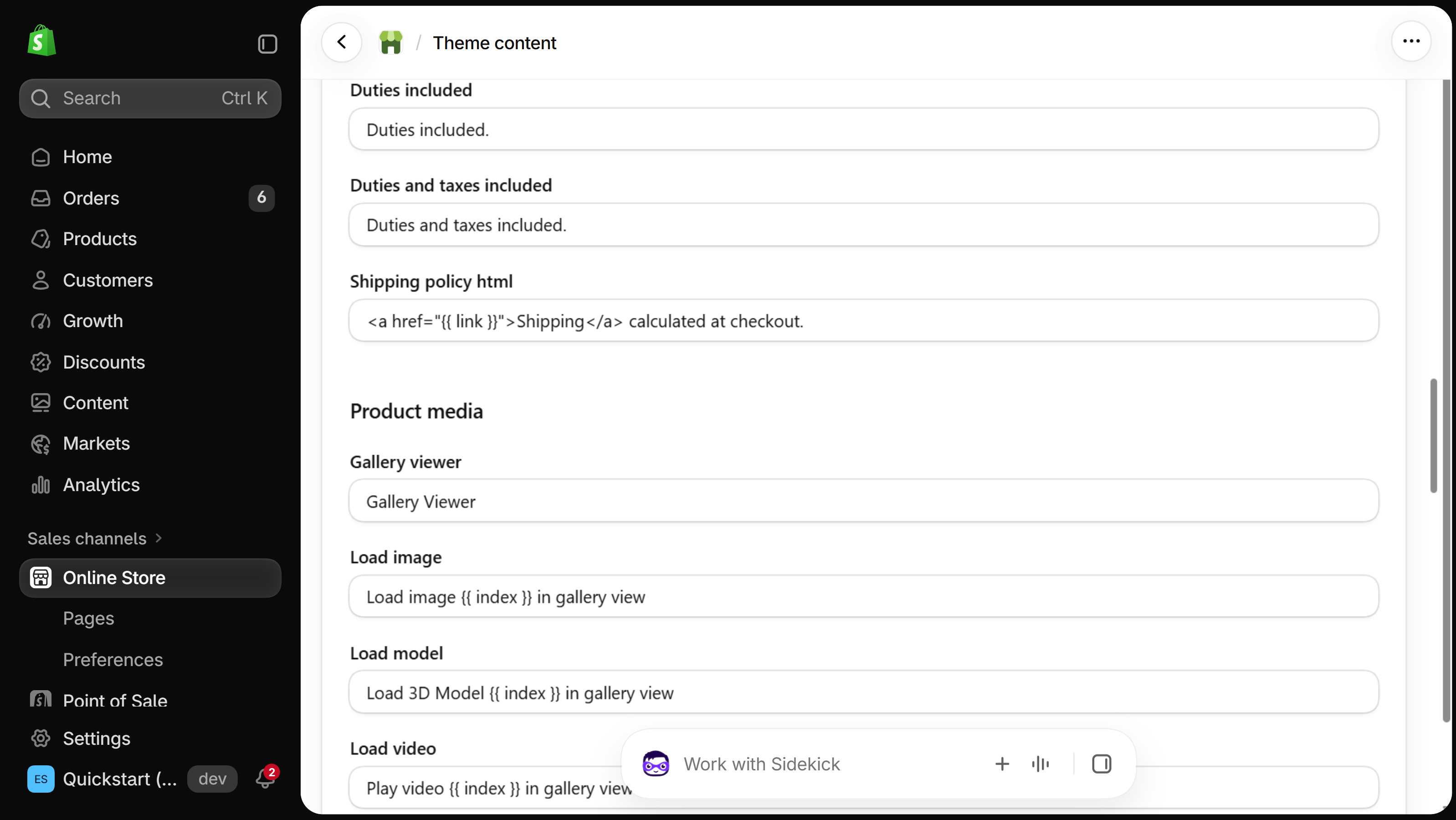 Theme content page in the Shopify admin: the Shipping policy html field holds a link tag around the word Shipping, followed by calculated at checkout
