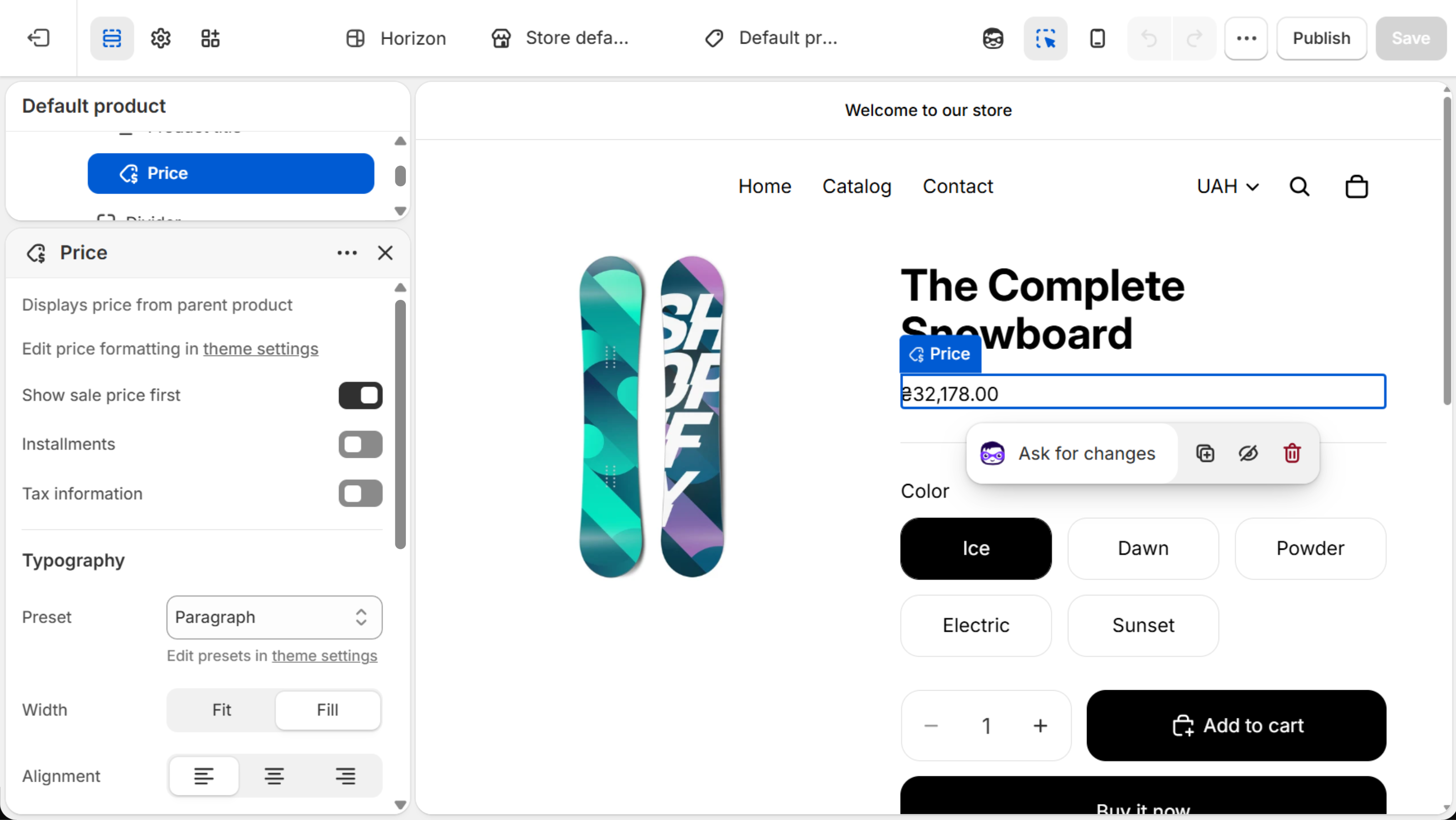 Horizon theme editor on the Default product template with the Price block selected: toggles for Show sale price first, Installments and Tax information, the last switched off