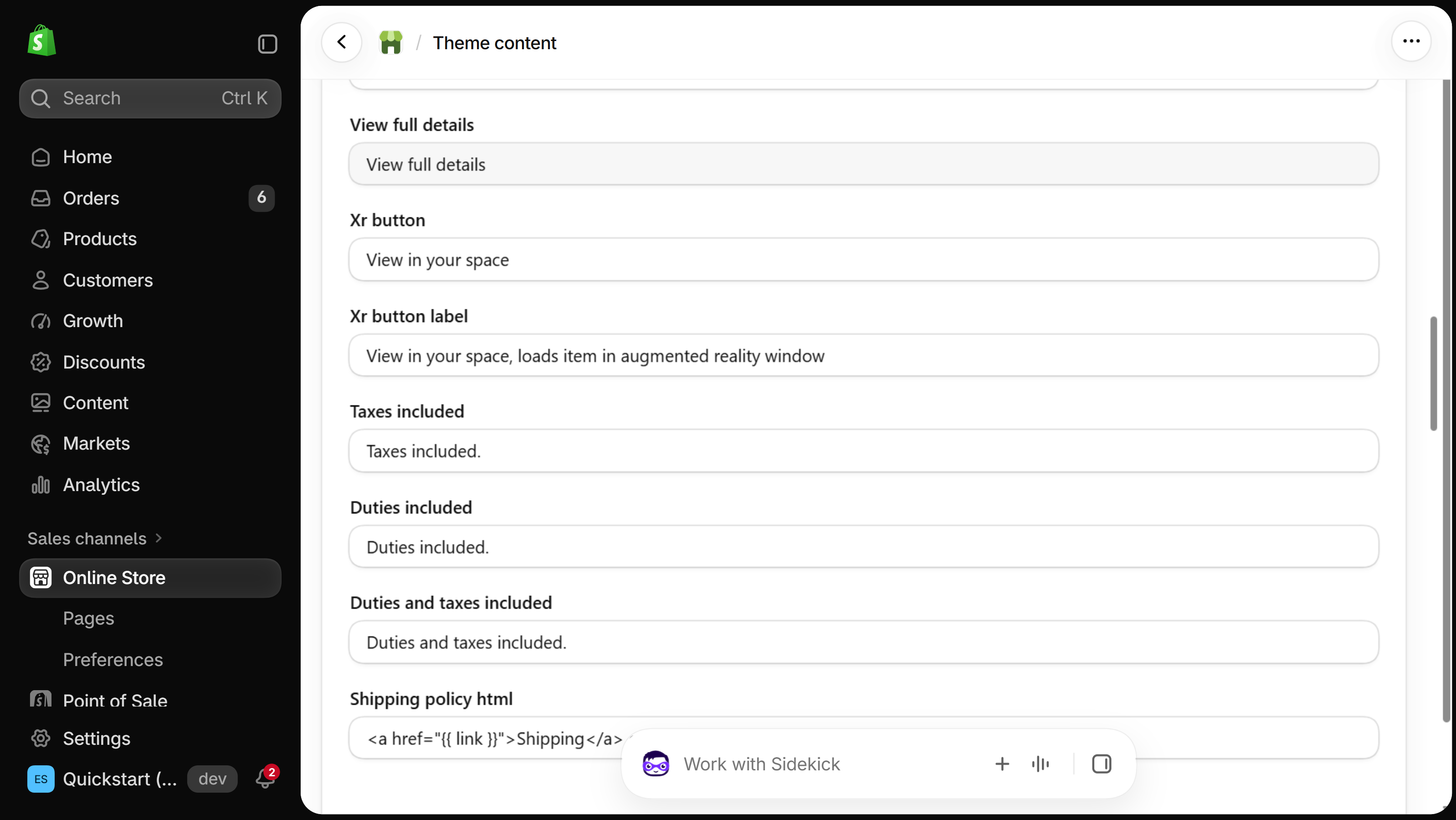 Dawn theme content page in the Shopify admin: the Taxes included field holds Taxes included., above the Duties included and Duties and taxes included fields