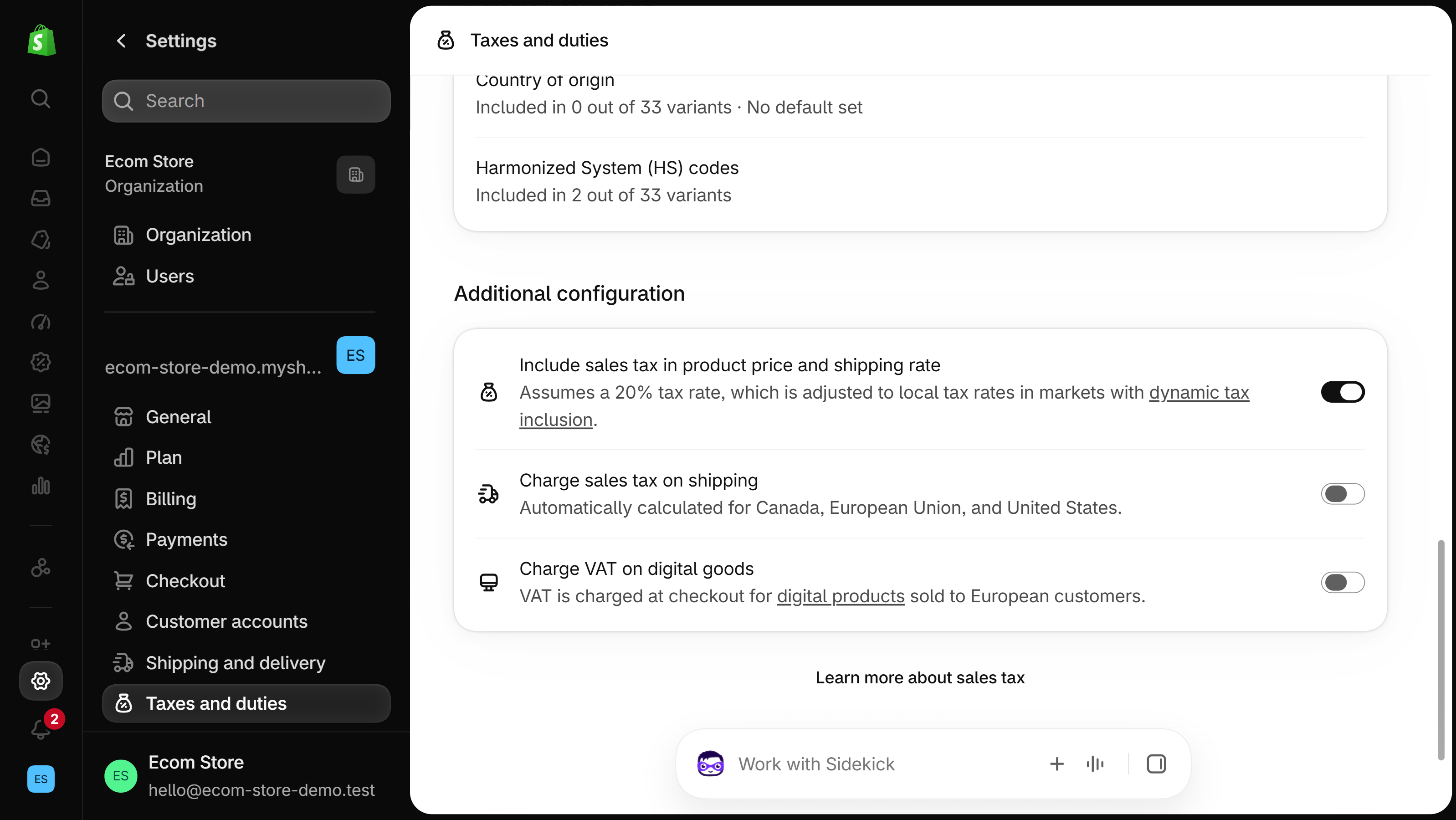 Taxes and duties settings, Additional configuration: Include sales tax in product price and shipping rate switched on, above Charge sales tax on shipping and Charge VAT on digital goods